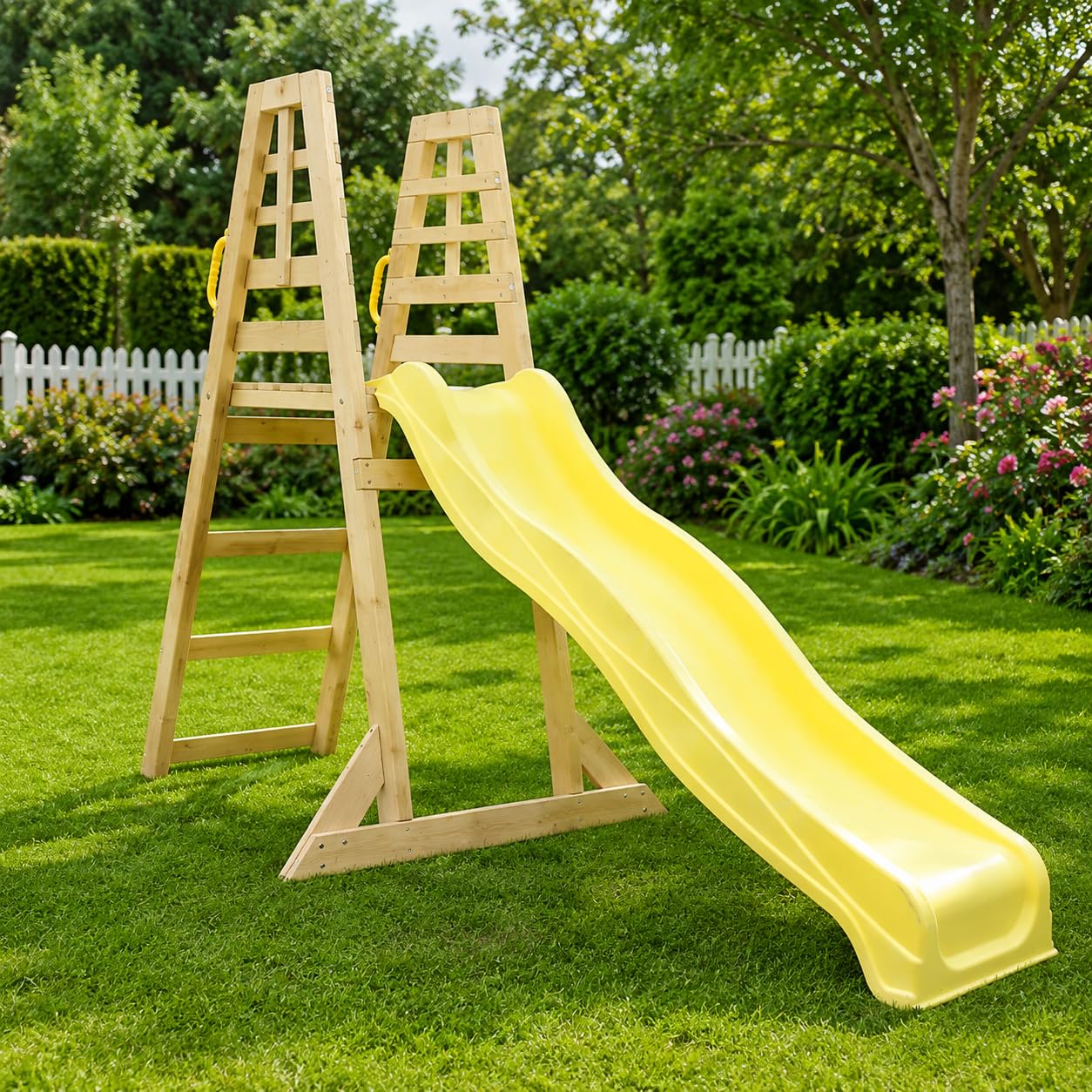 Scivolo per bambini da esterno, SCIVOLO da Giardino in Plastica per Bambini con Solida Struttura in Legno 4 Gradini. Dimensioni 262x60x183cm. (Premium)