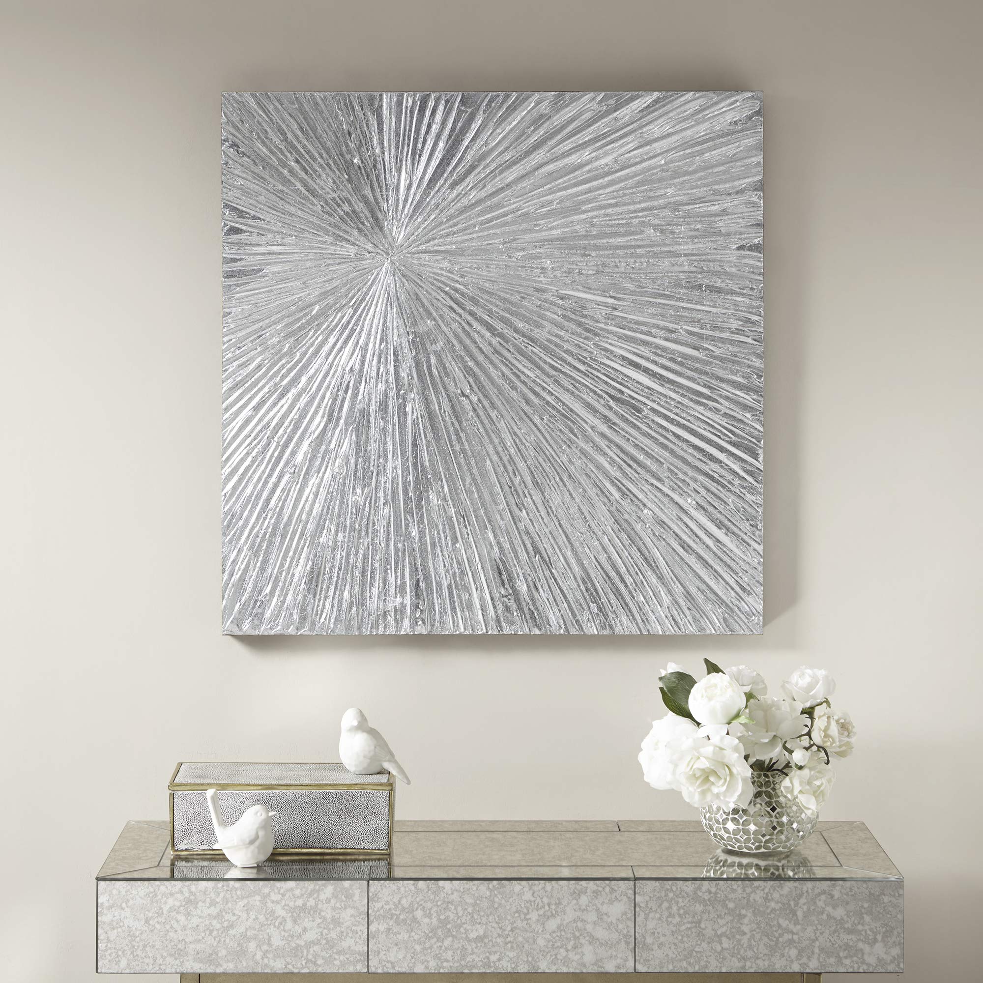 Madison Park Signature Sunburst Wall Art - Modern Resin Dimensional Radiant Color Hand Painted Home Décor Abstract Textured Silver 30"W x 30"H x 1.25"D
