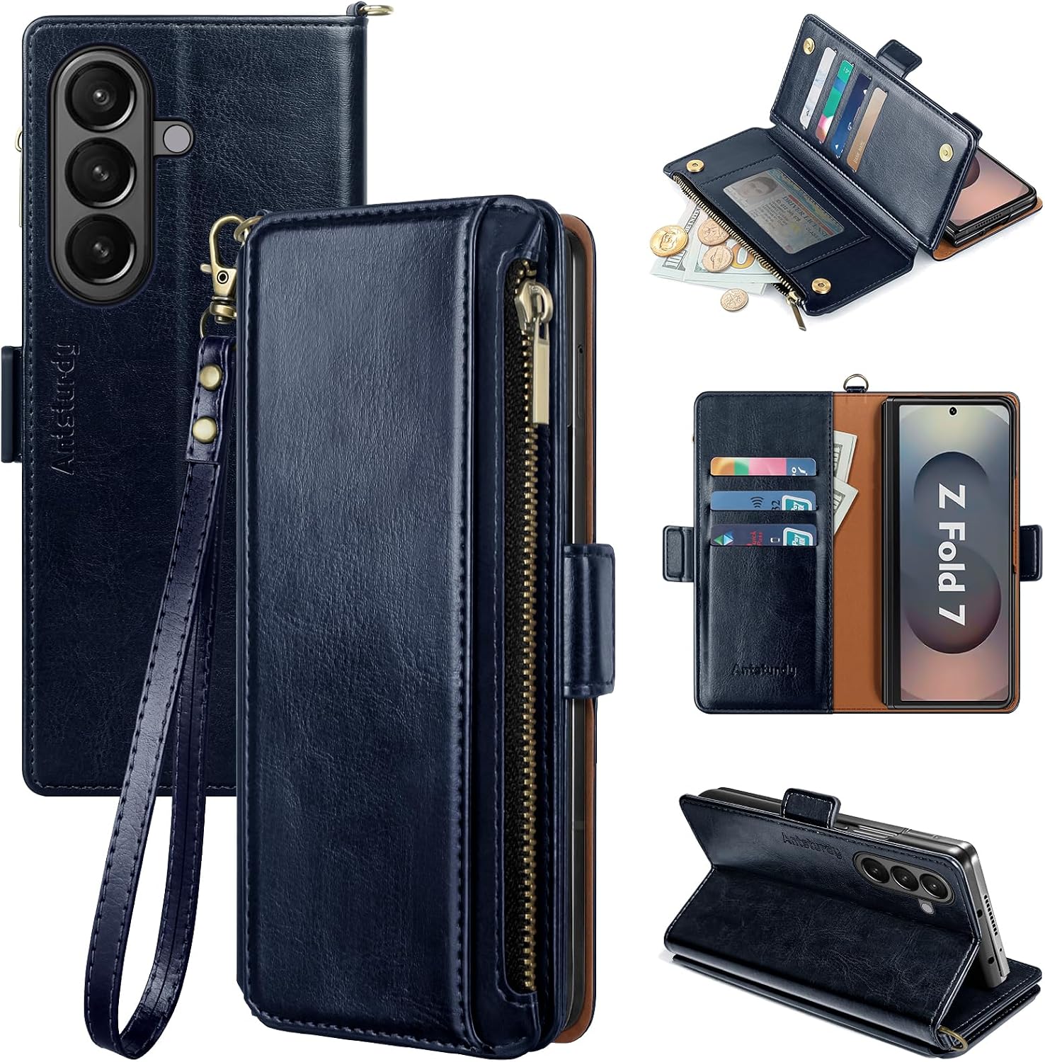Antsturdy Compatible with Samsung Galaxy Z Fold7 Case Wallet with Card Holder,Z Fold 7 5G Phone Case with Strap Shockproof PU Leather RFID Blocking Flip Cover Credit Card Slots Women Men,Black