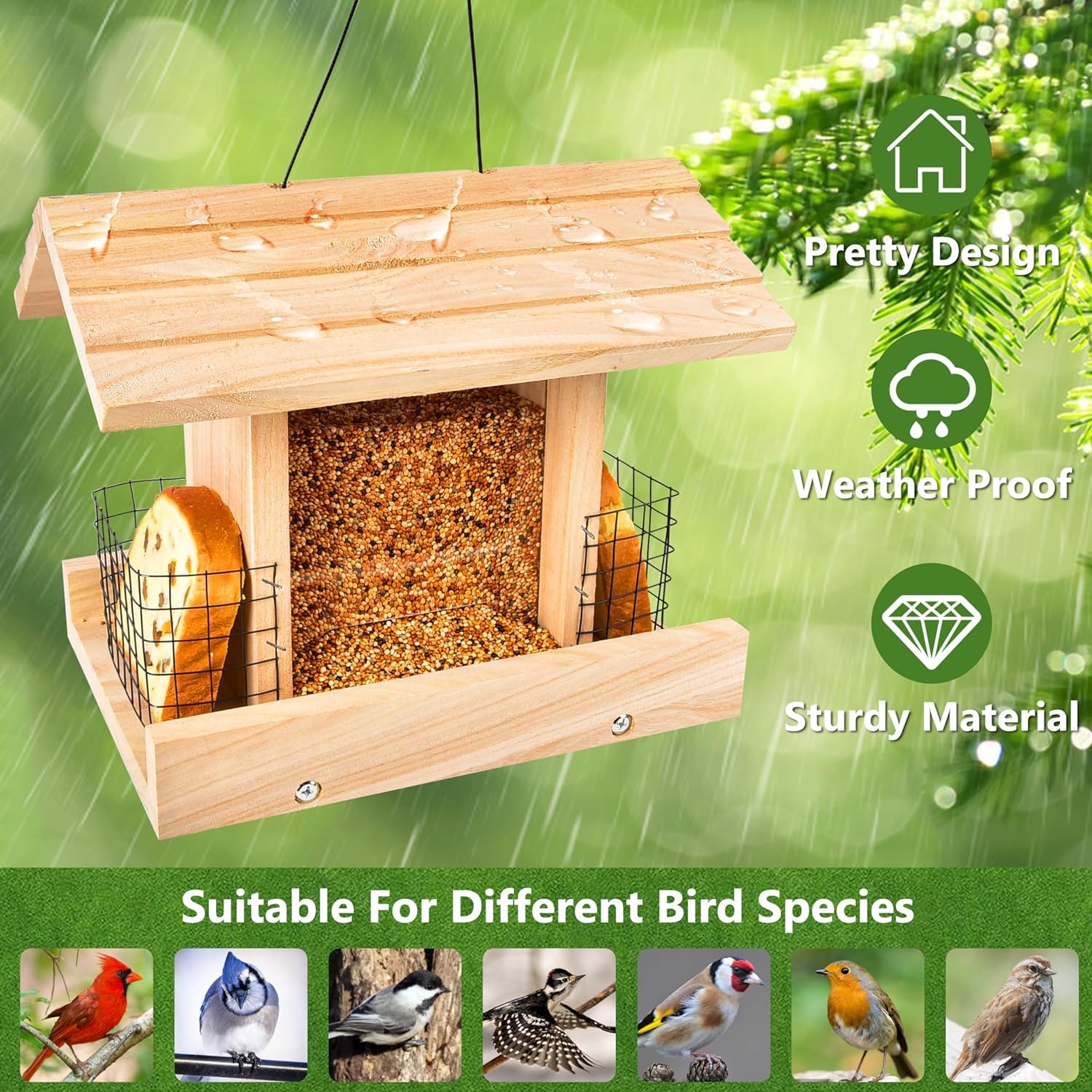 esmen Comederos Comederos para pájaros de Gran Capacidad para Exteriores, comedero de Madera para pájaros, comederos Colgantes con Soporte