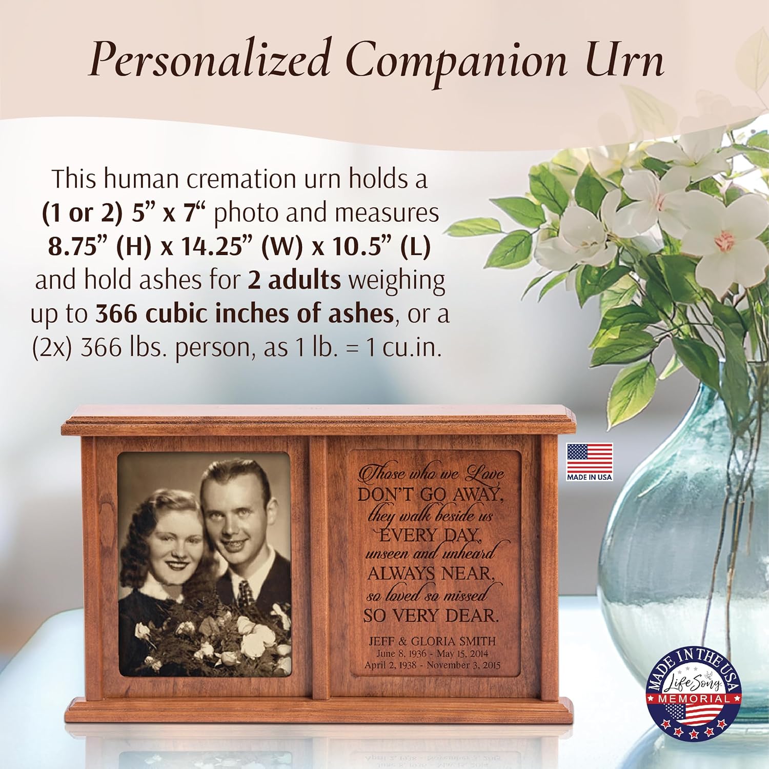 LifeSong Milestones Large Cherry Wood Companion Urn for Two Adults – Solid Wooden Cremation Urn Box for Human Ashes – Double Urn Holds 430 Cu in & Two 5x7 Vertical Photos – Made in USA