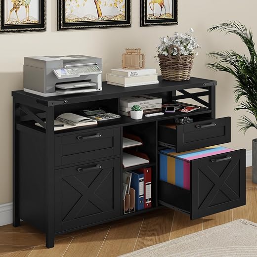 Farmhouse File Cabinets 4 Drawer with Adjustable Shelf, Filing Organization Storage Cabinets with Open Storage Shelf for Home Office,Lateral Filing Cabinet for Hanging Files Letter/A4.Pure Black