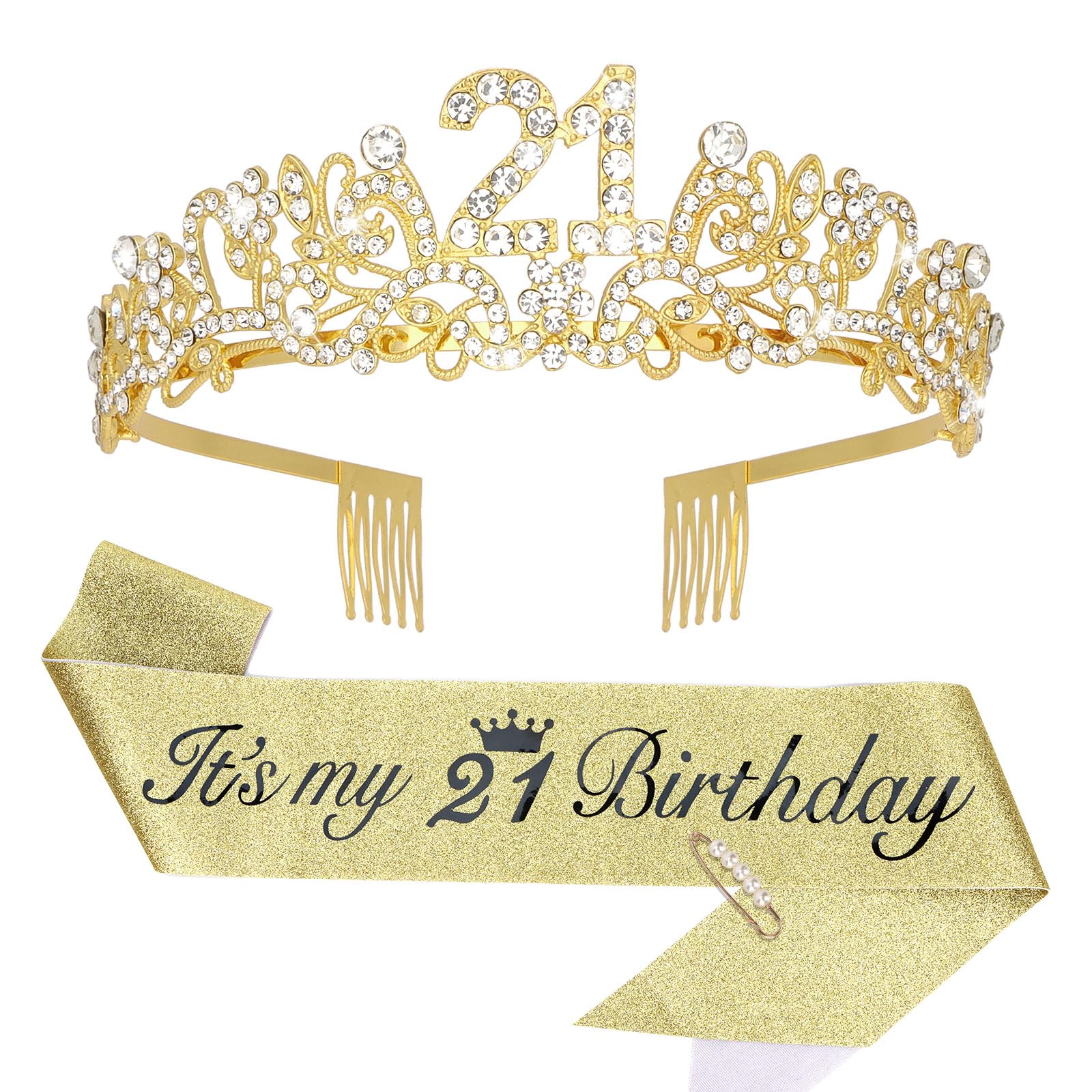KIUEZIR Gold 21st Floral Shaped Birthday Tiara & Sash Set for Women