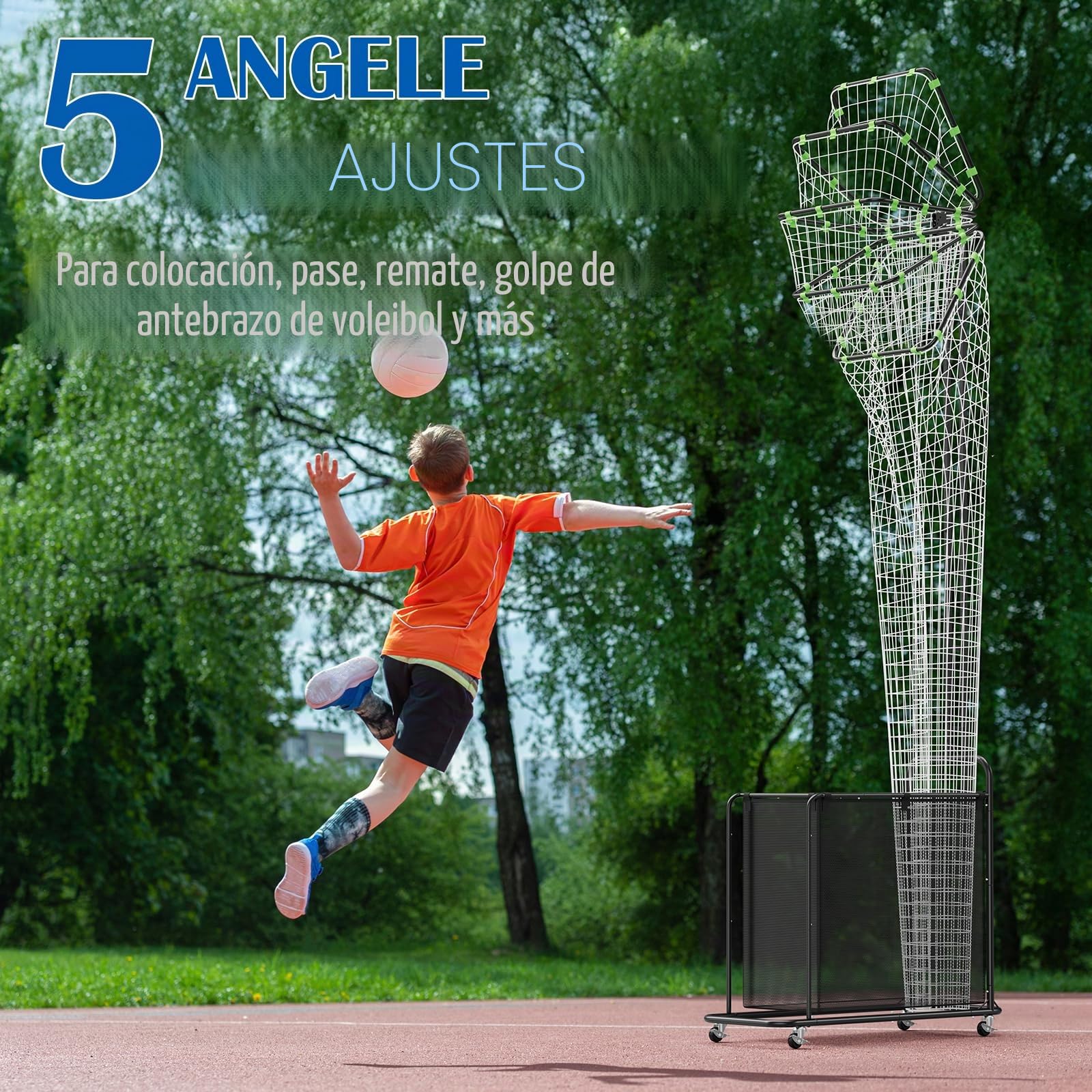 Entrenador de Voleibol con Ruedas, Red de Entrenamiento con Altura Ajustable (1.7-2.8m) y Ángulo Ajustable, Sistema de Práctica de Saque y Remate con Recogepelotas Integrado para Interior y Exterior