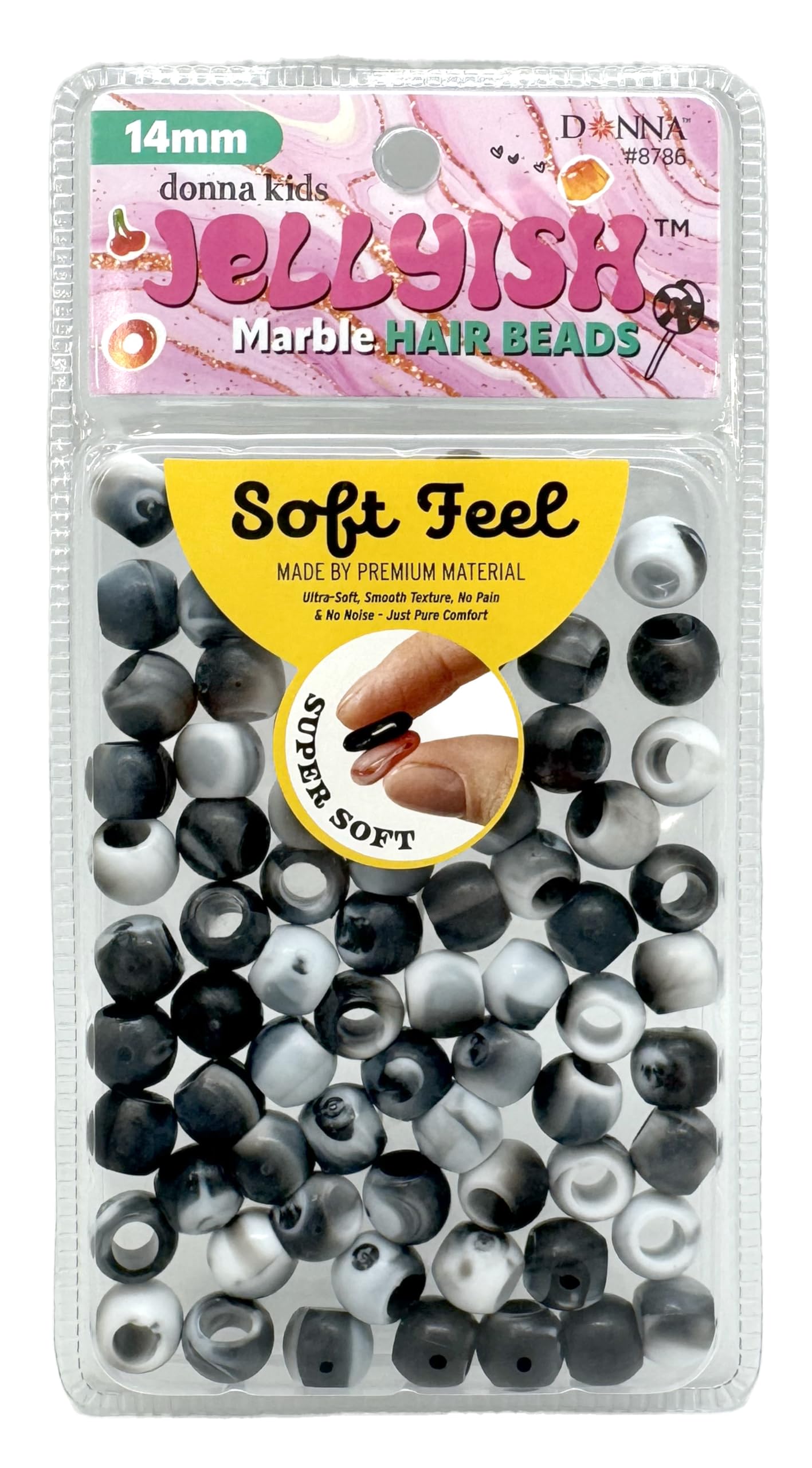 Donna Kids Jellyish Marble Hair Beads – 14mm Soft Silicone Bead with Threading Tool – Pain-Free, Noiseless Beads for Braids & Ponytails – Tangle-Free Design (Black)