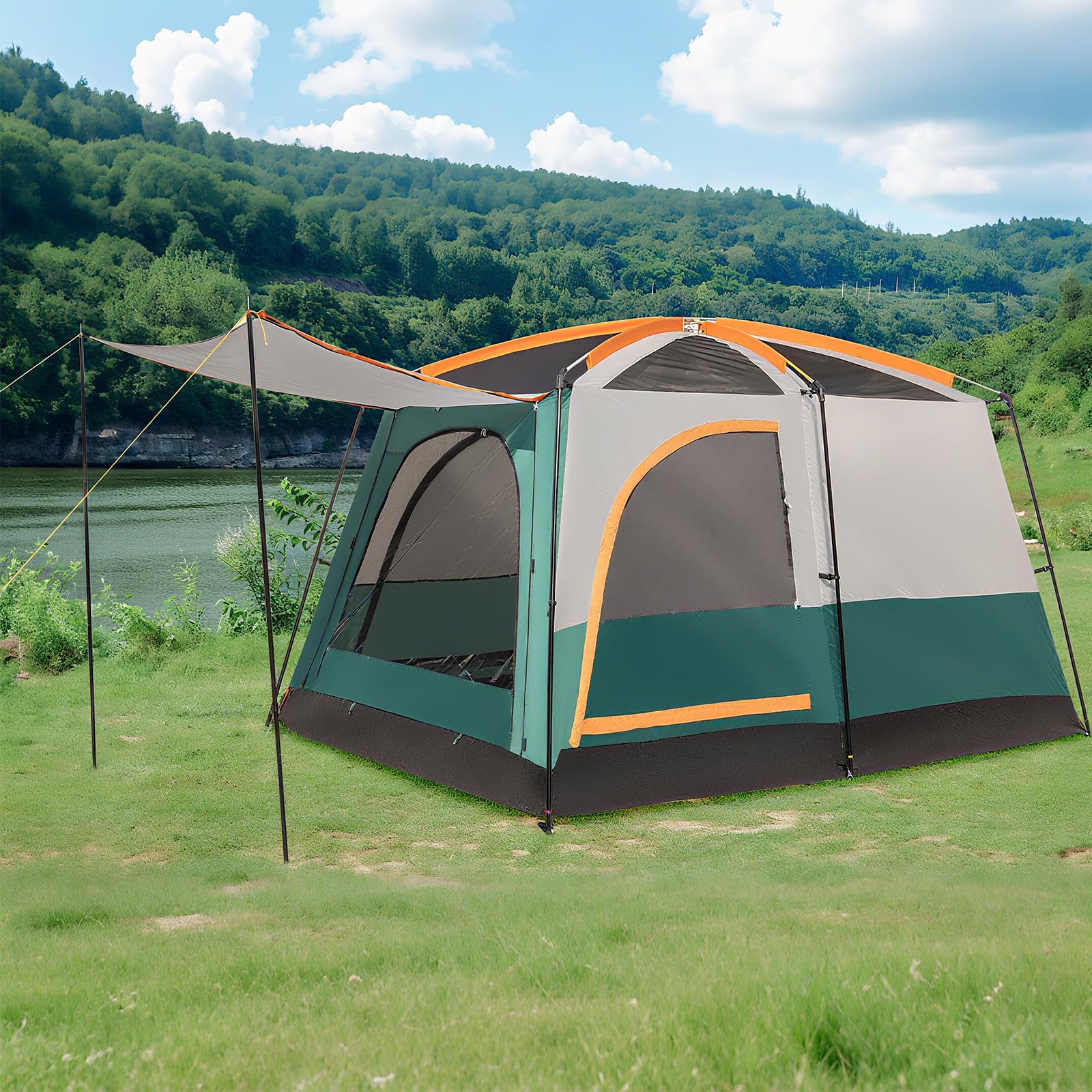 GYMAX Tente de Camping pour 4-6 Personnes, avec Grand Pare-Soleil Avant, Séparateur Intérieur de 2 Pièces, Fenêtre Maillée et 2 Portes Latérales Grillagées Enroulables