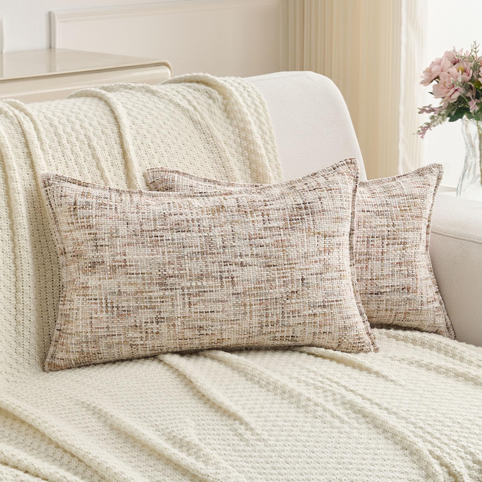 FUTEI Set of 2 Soft Tweed Chenille 30x50 cm Cushion Covers Farmhouse Micro-Check Textured Scatter Pillowcase 30 x 50 cm Vintage Accent for Sofa Bed Living Room, Beige Brown — image 1