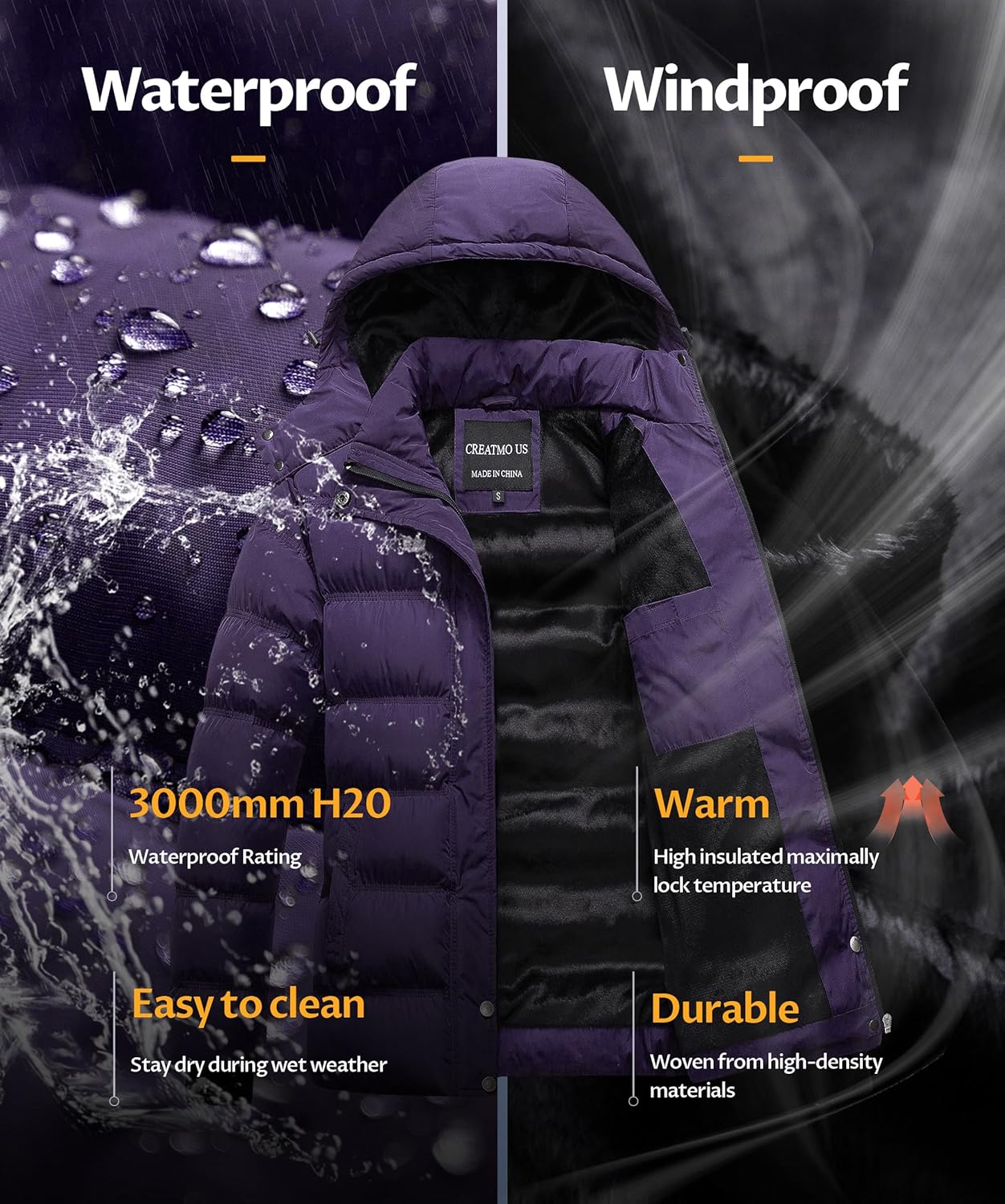 CREATMO US Women's Warm Winter Coat Waterproof Ski Jacket Padded Puffy Overcoat With Detachable Hood