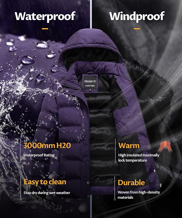 CREATMO US Womens Winter Jacket Heavy Coats For Women Waterproof Thicken Fleece Lining Puffer Jackets with Removable Hood Dark Purple 2XL by CREATMO US - Image 5