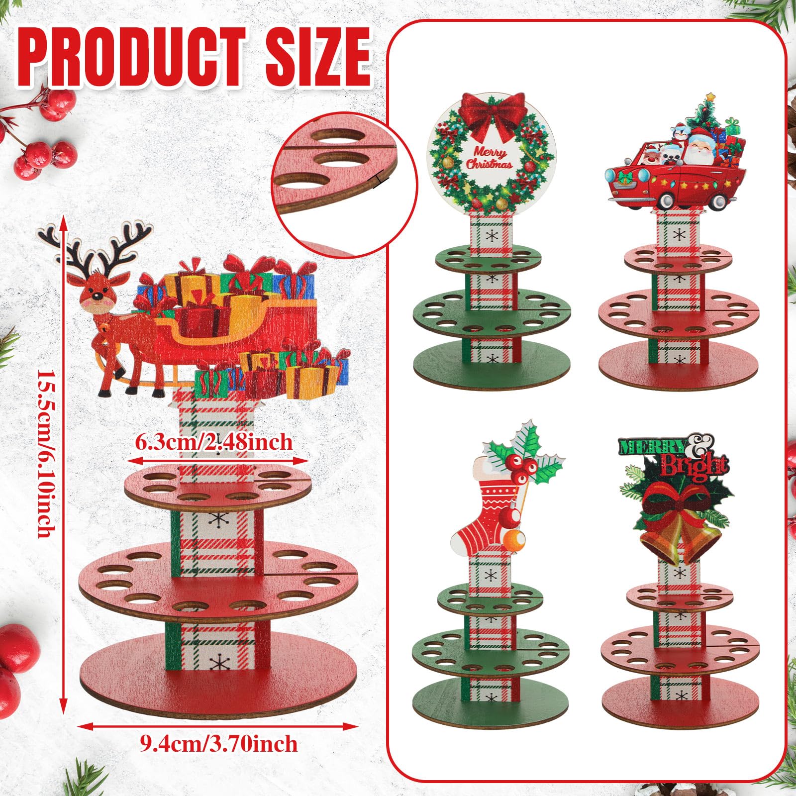 Dandat 9 Pcs Christmas Money Holder Wooden Multi Layer Cash Cake with Holes Colorful Christmas Card Holder Stand Snowman Deer Gingerbread Man Decorative Cake Top Xmas Ornaments Table Decor