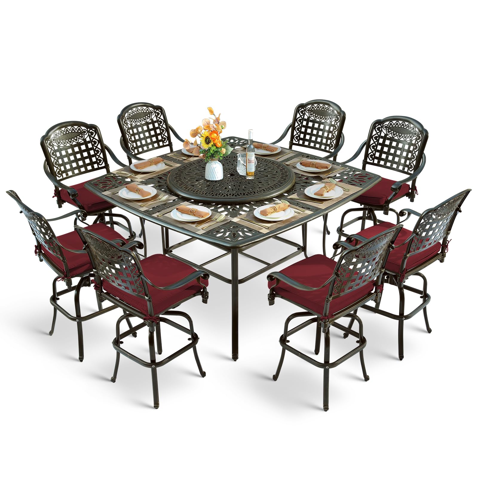 MEETWARM 10-Piece Outdoor Bar Set, All Weather Cast Aluminum High Patio Dining Set with 8 Cushioned Swivel Bar Stools, Large 64" Square Patio Bar Height Table with Detachable Lazy Susan, Umbrella Hole