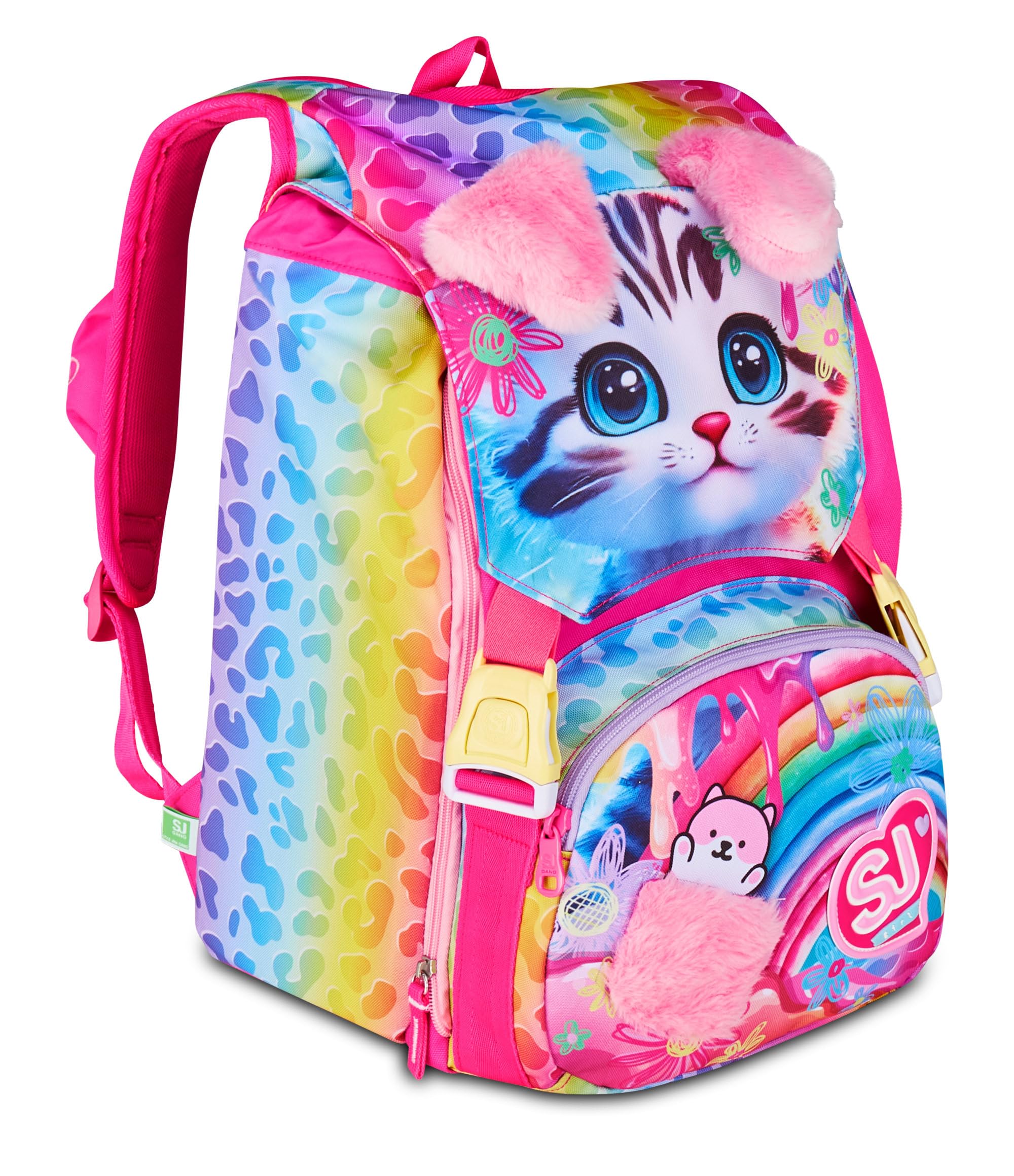 SJ GANG STYLE JAM GANG Zaino Scuola Estensibile Big, Fucsia, Zaino con Divisorio Interno, Tasca Superiore con Orecchie in Peluche, Tasca per Borraccia, 24 L, Zaino Scuola Elementare, Bambina