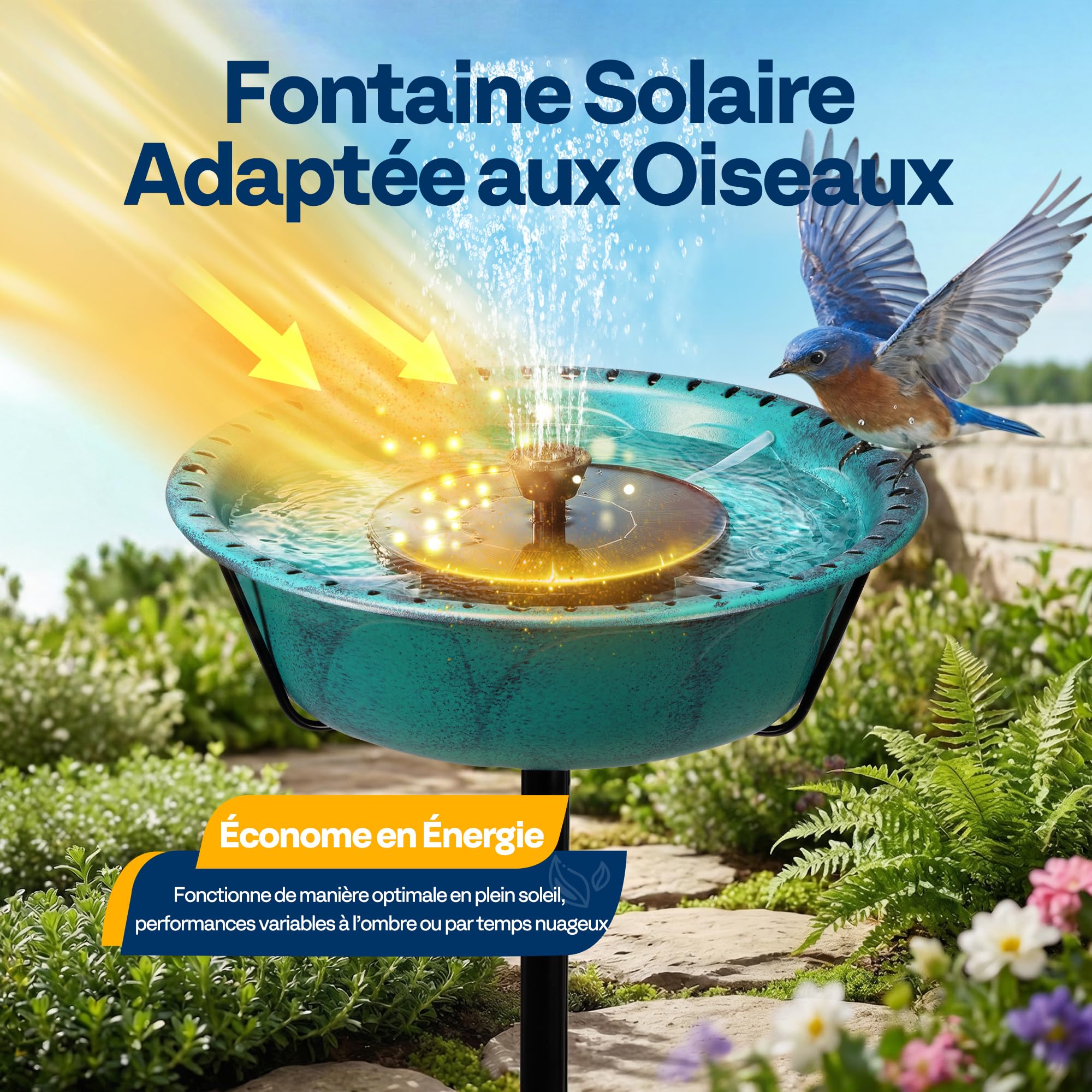 VIVOHOME Fontaine Solaire pour Bain d'oiseaux en Polyresine, Hauteur 74cm, Mangeoire Extérieure sur Pied avec Tige en Métal, Base à 5 Pointes