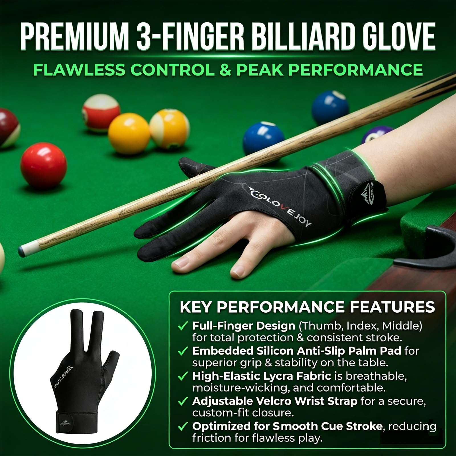 Gants de Billard Respirants à Séchage Rapide Antidérapant pour Tir Précision Queue de Billard Noir