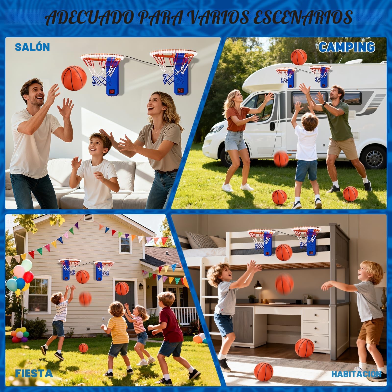 TERRAMUS Mini canasta de baloncesto, 2 canastas de baloncesto con marcador electrónico, aro interior de altura ajustable para niños, 4 pelotas, 1 bomba de aire, regalo para Navidad o cumpleaños