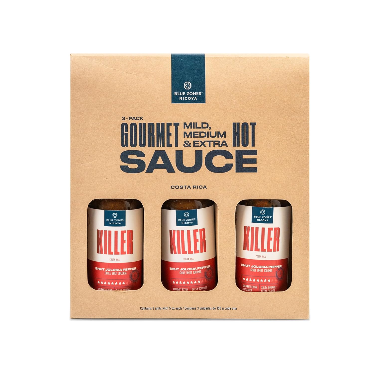 Blue Zones Nicoya - Extra Hot Sauce "Killer" - Bhut Jolokia Pepper & Naturally Smoked - Gluten & Trans-Fat Free - Pack of 3 (15oz/ 465g)