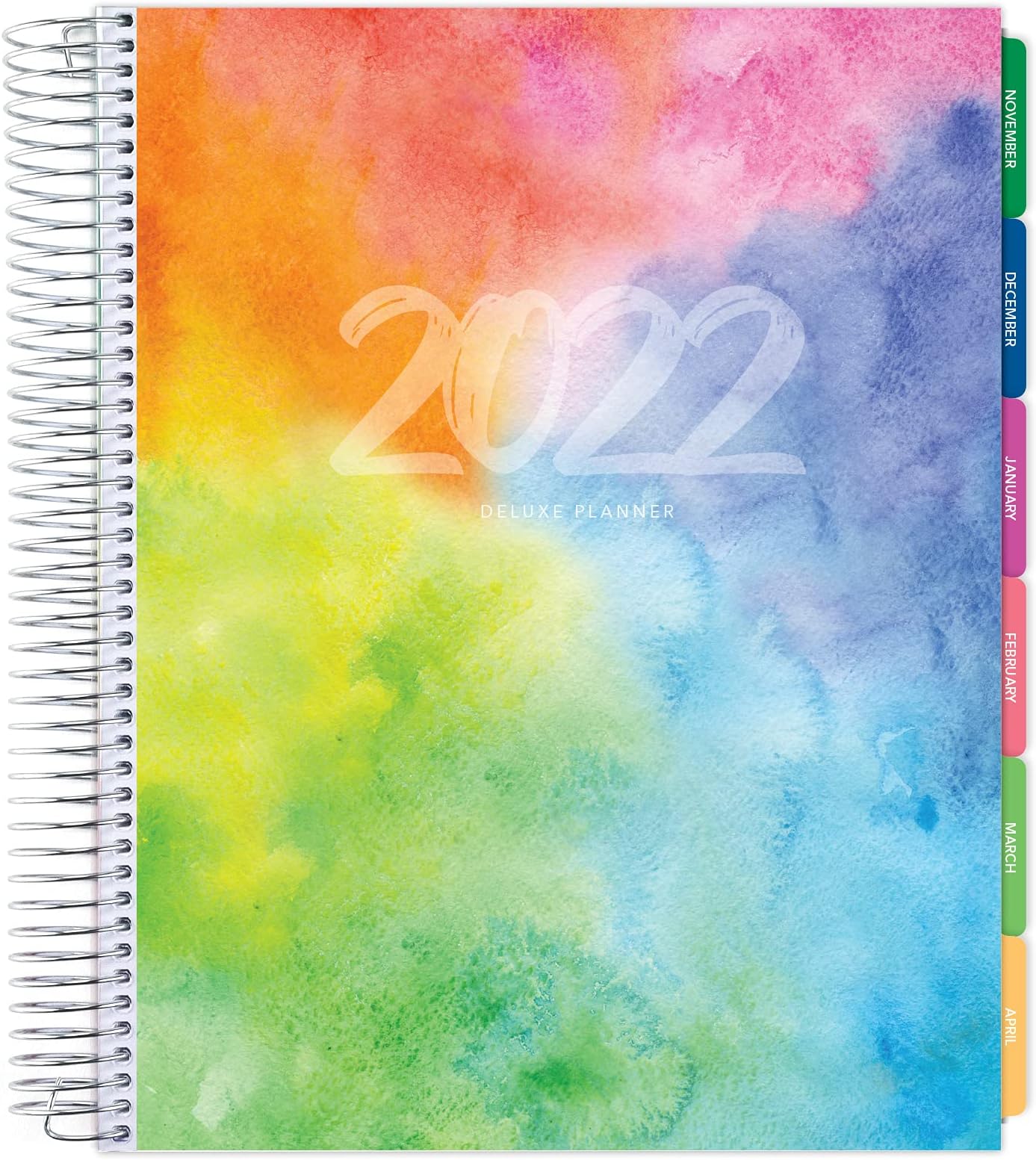 Deluxe Planner: 14 Months (Nov 2021 Through Dec 2022) 8.5"x11" Includes Page Tabs, Bookmark, Planning Stickers, Pocket Folder Daily Weekly Monthly Planner Yearly Agenda (Rainbow Watercolors)