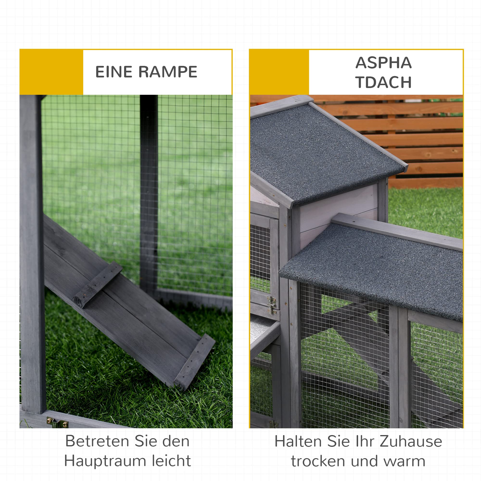 PawHut Kleintierstall mit Freilauf Kleintierkäfig Meerschweinchenstall MeerschweinchenKäfige für draußen Kleintierhaus Tannenholz Grau 147 x 54 x 84 cm