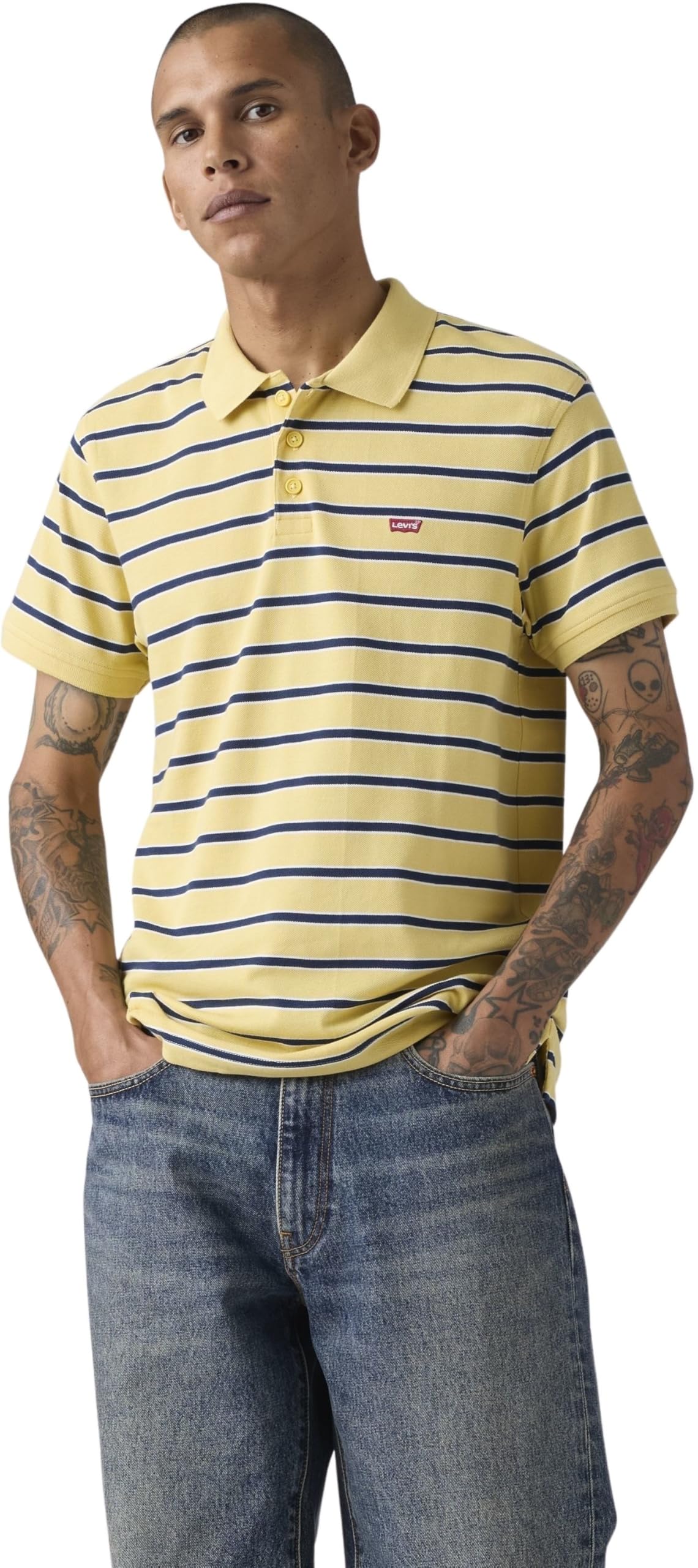 Levi's Men's Short Sleeve Polo Shirt in Cotton with Piqué Texture, Yellow (Young Stripe Raffia), L