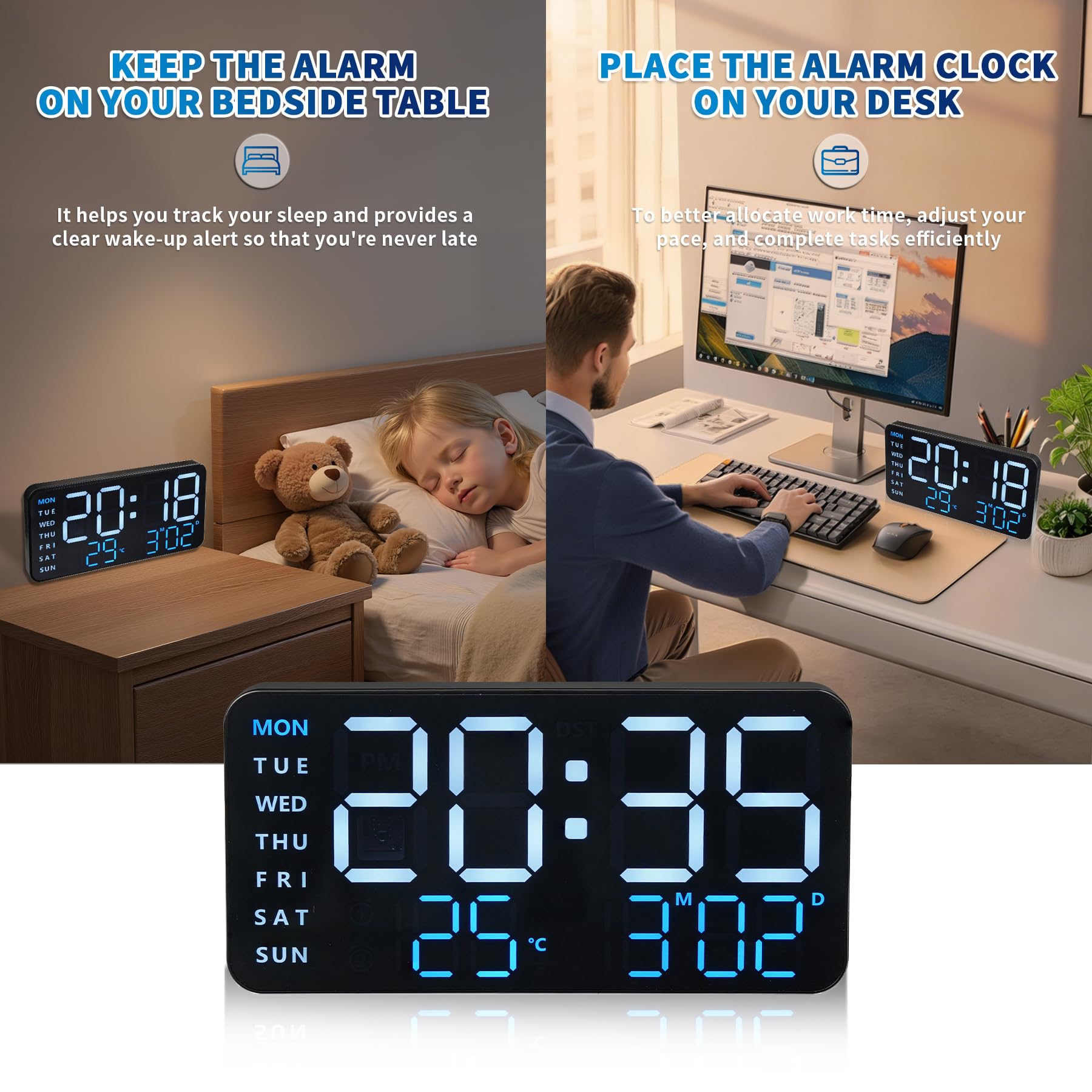 KCKJ Reloj despertador digital grande para dormitorio y hogar, con visualización de temperatura, fecha y día de la semana, brillo y volumen ajustables, doble uso para escritorio o montaje en pared