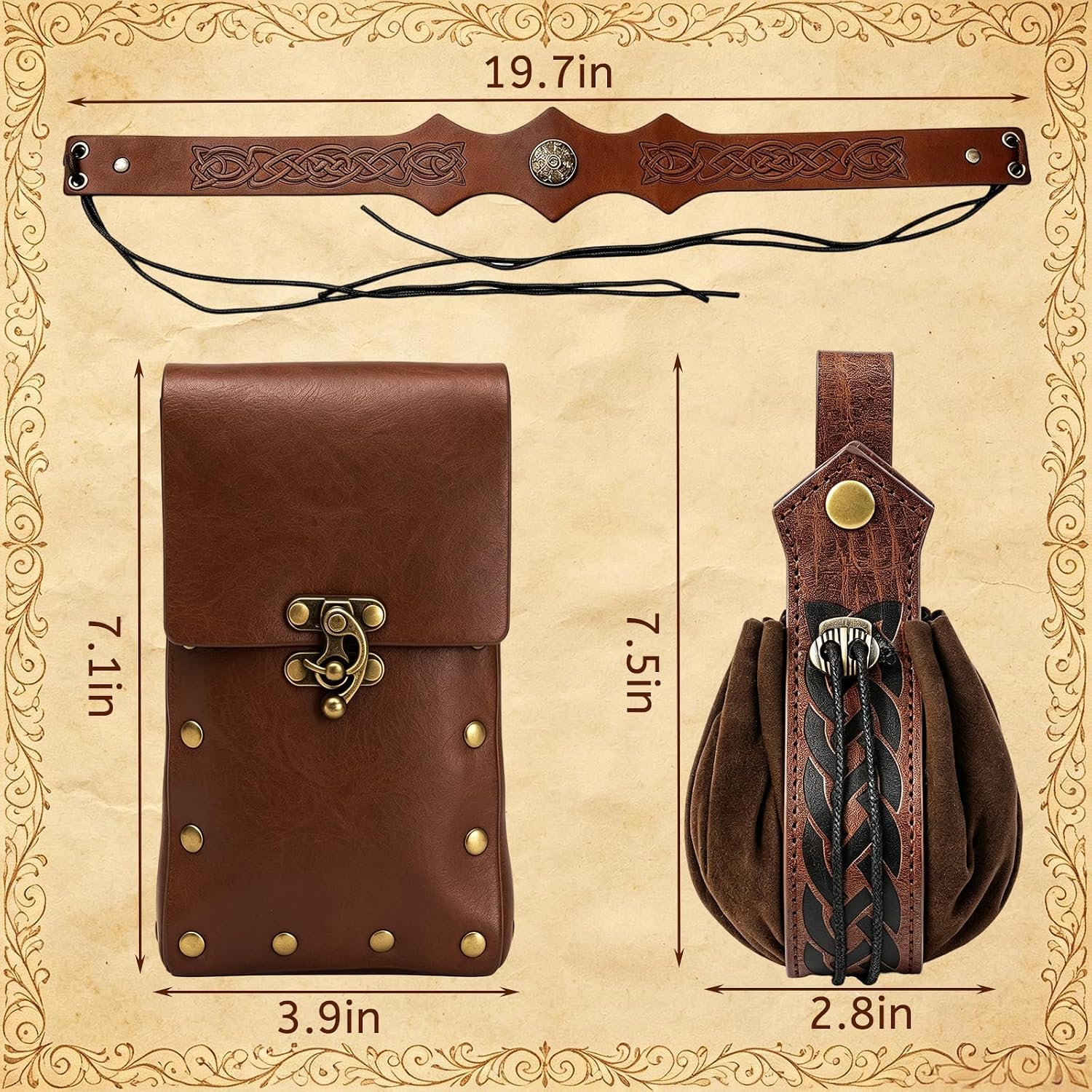 Renaissance Accessories Medieval Viking Belt Vintage Belt Pouch Bracers Headpiece Halloween Cosplay Costume Set