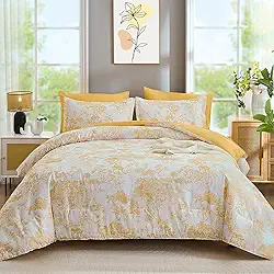 DJY Conjunto de edredom queen size, laranja, amarelo, botânico, 7 peças, cama em saco, cama em saco, elegante, microfibra macia, reversível, conjunto completo para todas as estações