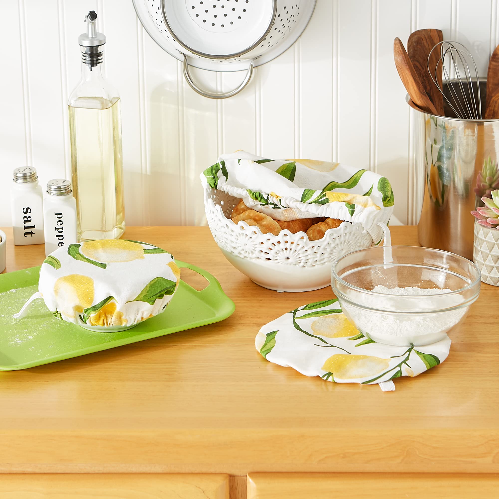 DII Reusable Cloth Bowl Covers, 3-Piece Set - Cotton With Elastic, Lemon Print, 10.25"/8.25"/7.5" Diameter