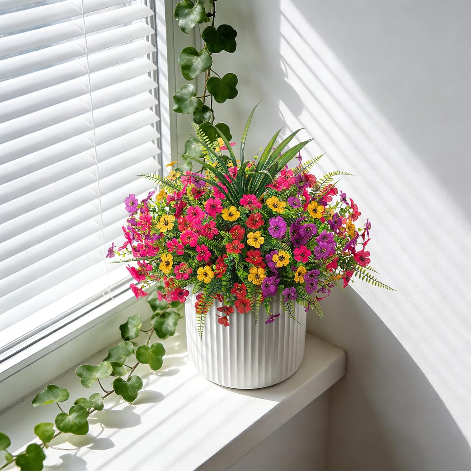 INXUGAO Artificial Fake Flowers Plants for Outdoor Spring Summer Decor, 12 Bundles Faux Silk Flowers for Outdoor Outside Planter Colorful Daisy UV Resistant Look Real for Front Door Porch Patio Yard