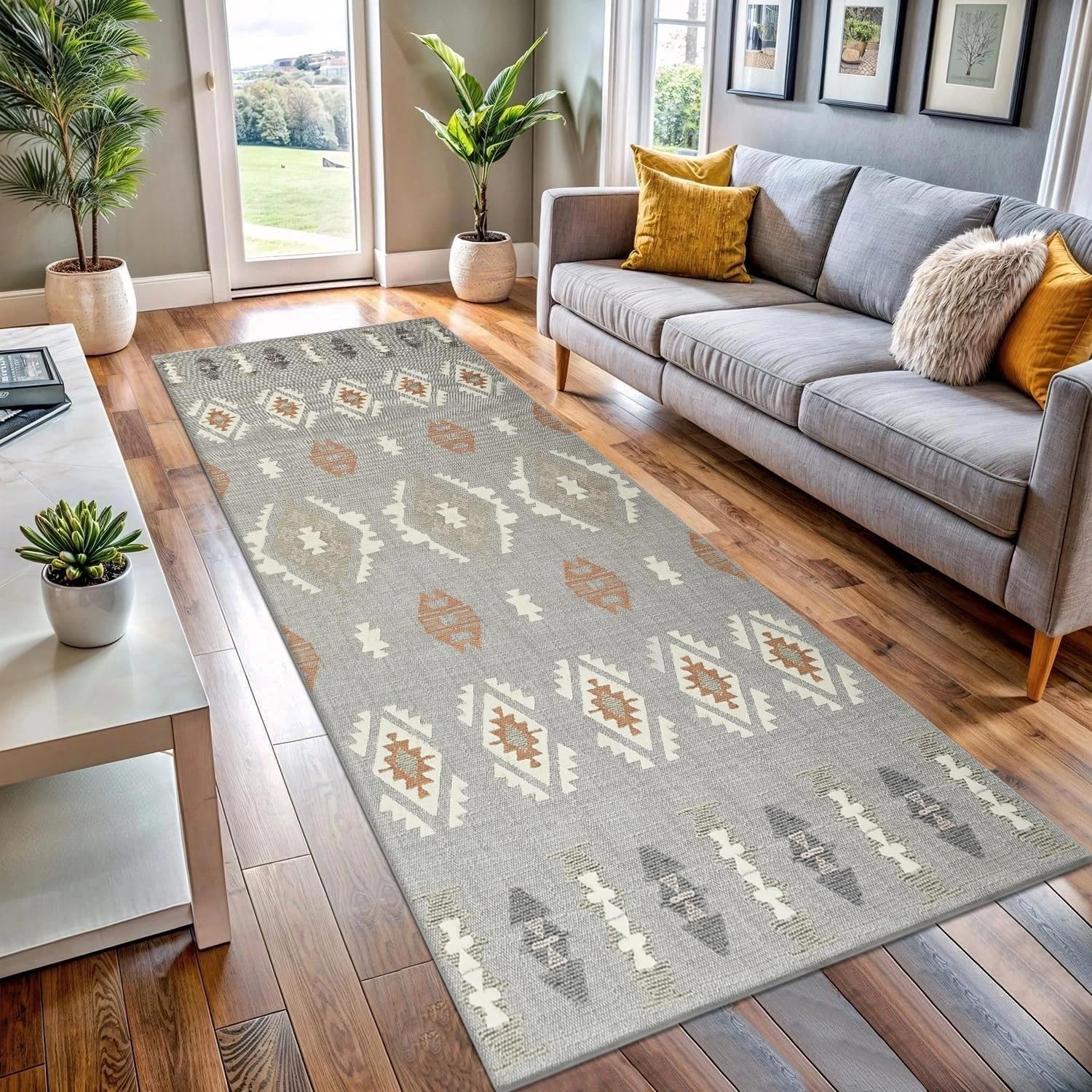BedLooms Runner Rugs for Hallway 60x220 cm Geometric Style Tribal Pattern Carpets living room Printed Grey and White Runners for Lounge Office Bedroom (Nova)