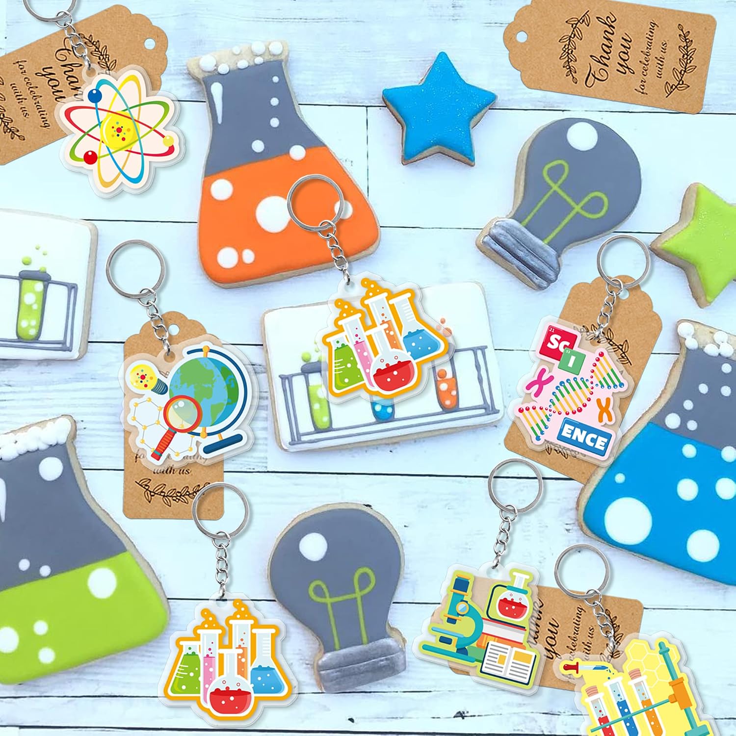 12Sets Science Keychains with Thank You Tags and White Organza Bags image 5
