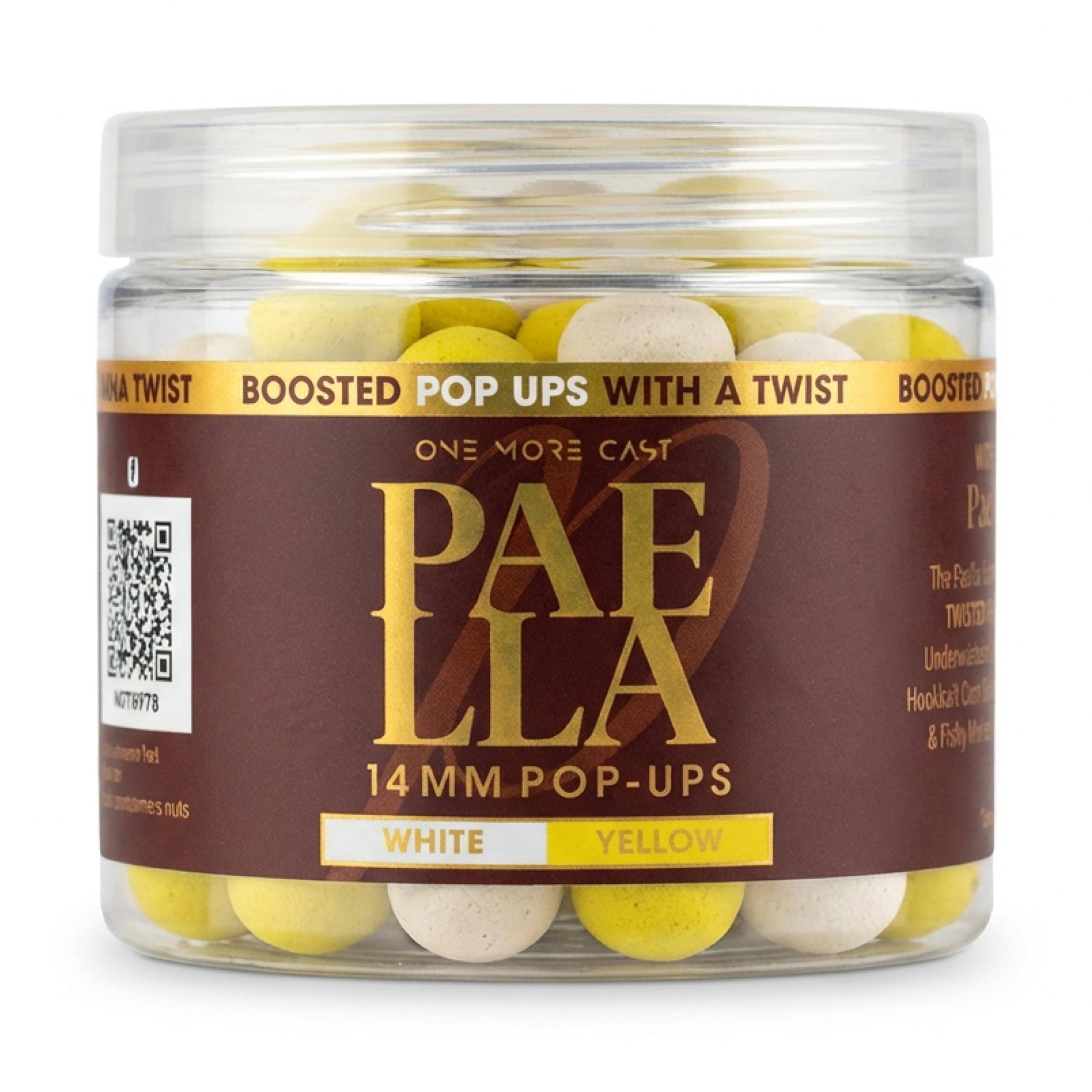 OMC Paella Boosted Fluoro Pop Ups 14mm - Carp Hookbaits 200ml Tub