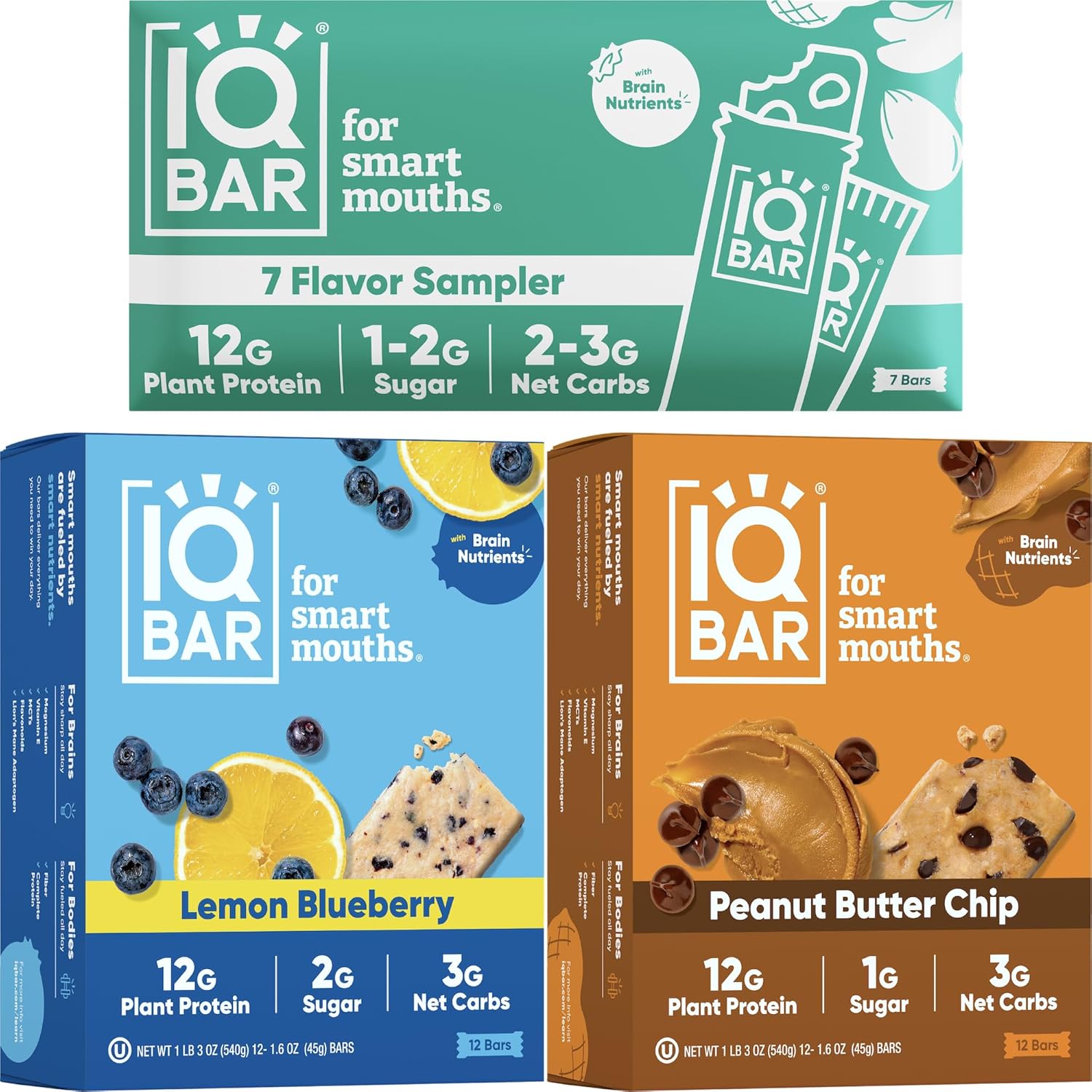 IQBAR Brain and Body Keto Protein Bars - 7-Bar Sampler, 12-Count Peanut Butter Chip & Lemon Blueberry Bars - Low Carb Protein Bars - High Fiber Vegan Bars Low Sugar Meal Replacement Bars
