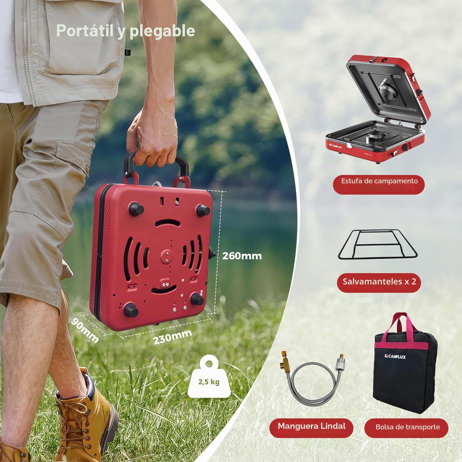 CAMPLUX FoldGo Estufa de Camping de 2 Fuegos, Hornillo de Gas Portátil con Asa, 28-30 mbar, Ideal para Camping, Senderismo y Picnics