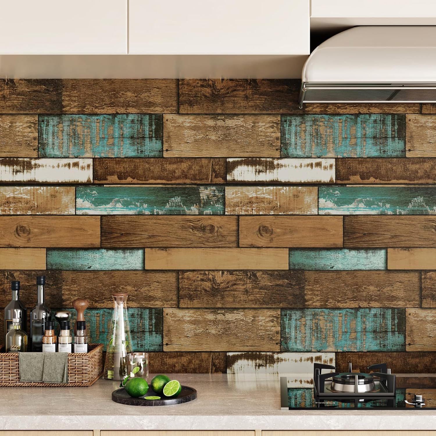 Weathered Butcher Block Shiplap Peel and Stick Wallpaper Vintage Blue Brown Wood Contact Paper for Countertops Aged Farmhouse Wood Wallpaper for Backsplash Bathroom Wall Cabinets 17.5"x118"