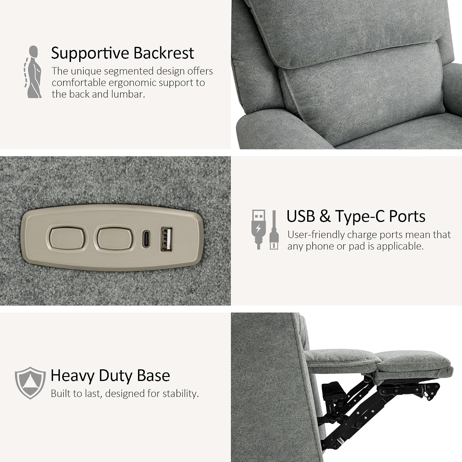 MCombo 26.4'' Oversized Power Swivel Rocker Recliner Chair, Oversized Power Recliner Chair for Big and Tall People, USB A&C Ports, for Living Room, Nursery, Fabric OE678 (Light Grey)