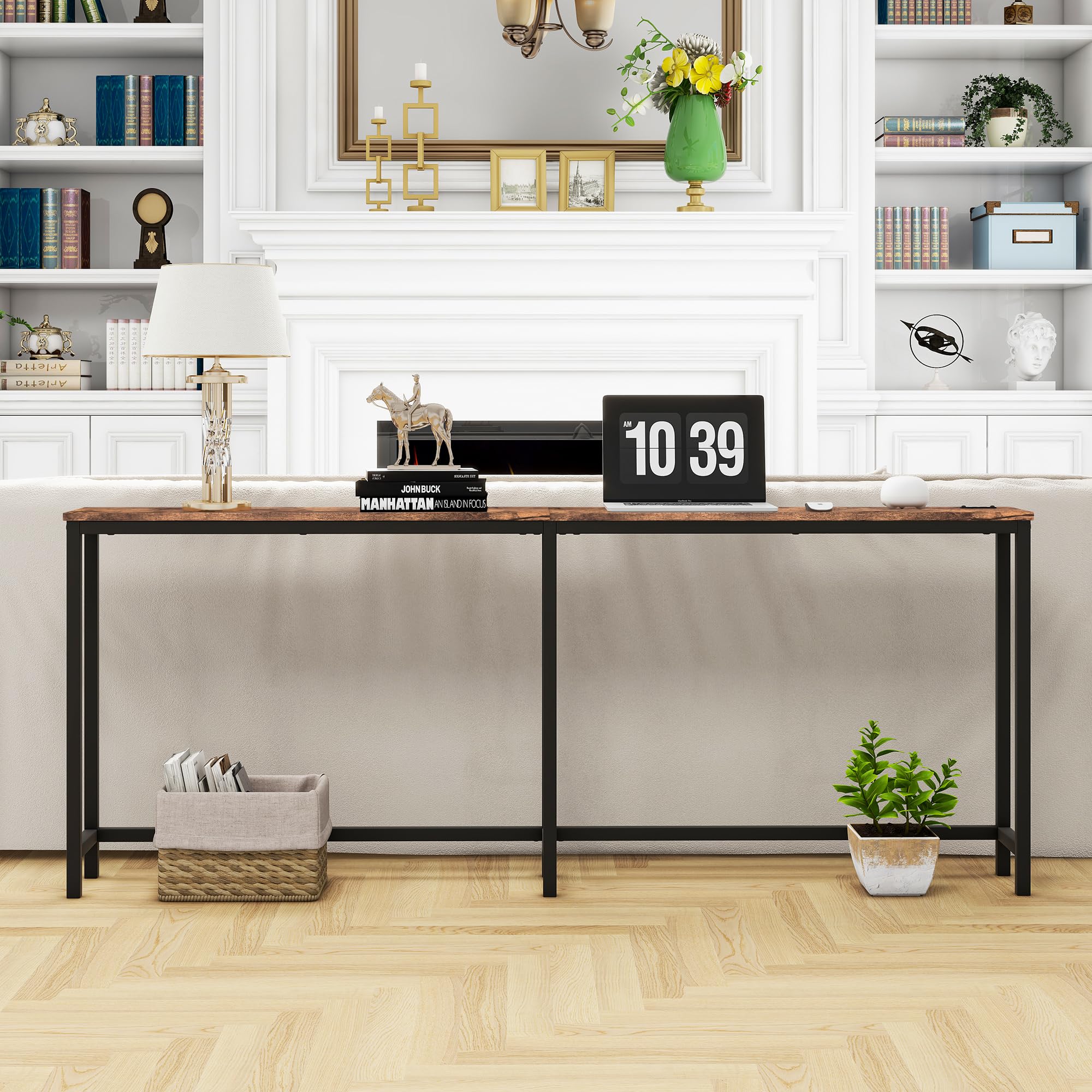 Mesa consola de 70.8 pulgadas con puertos USB, mesa de sofá con estación de carga, mesa de entrada estrecha, mesa de pasillo delgada, color marrón rústico