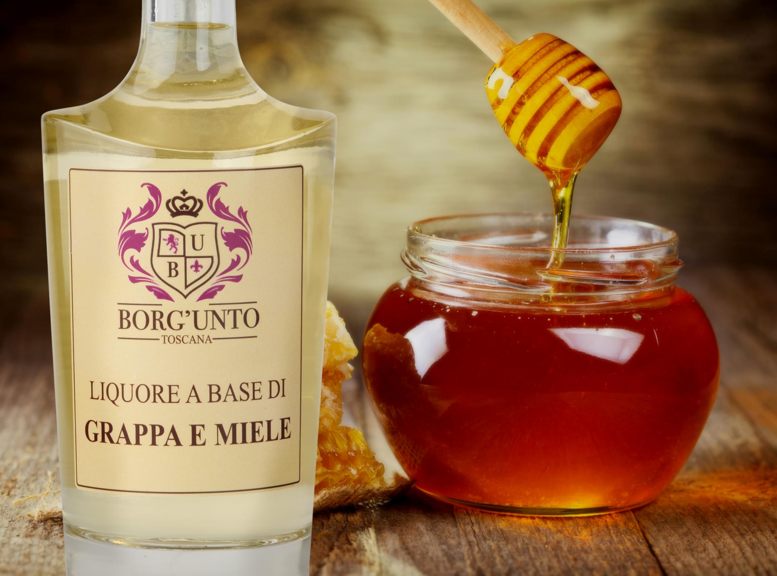 Borgunto® Liquore al Miele su Base Grappa 50cl - Digestivo Artigianale di Grappa Chianti Classico e Miele Millefiori Toscano (6pz)