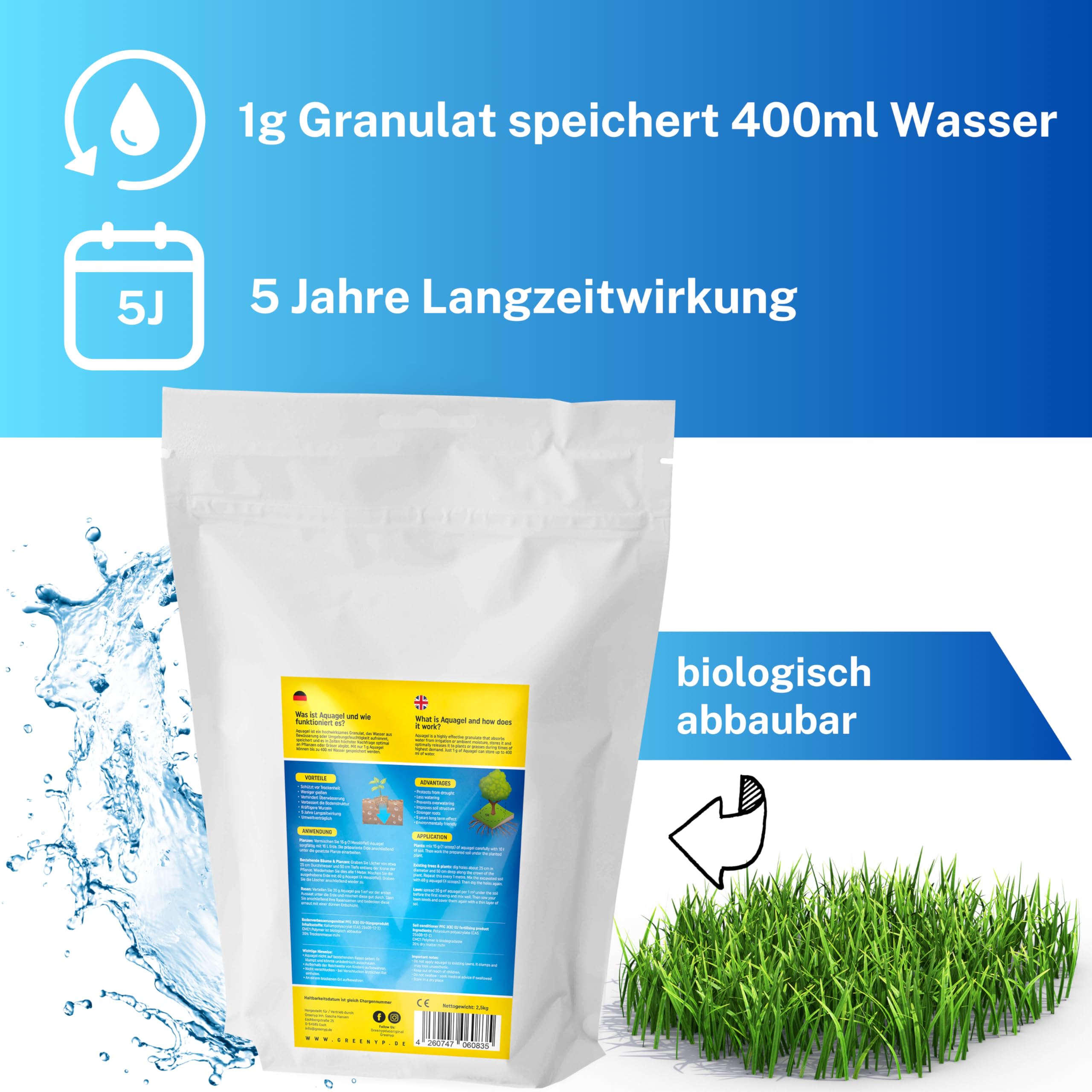 Greenyp Aquagel I Langzeit Wasserspeicher Granulat für Pflanzen, Bäume und Rasen gegen Dürre & Trockenheit I 5kg für 3400L Pflanzerde oder 250m² I speichert das 400-fache an Wasser I Superabsorber