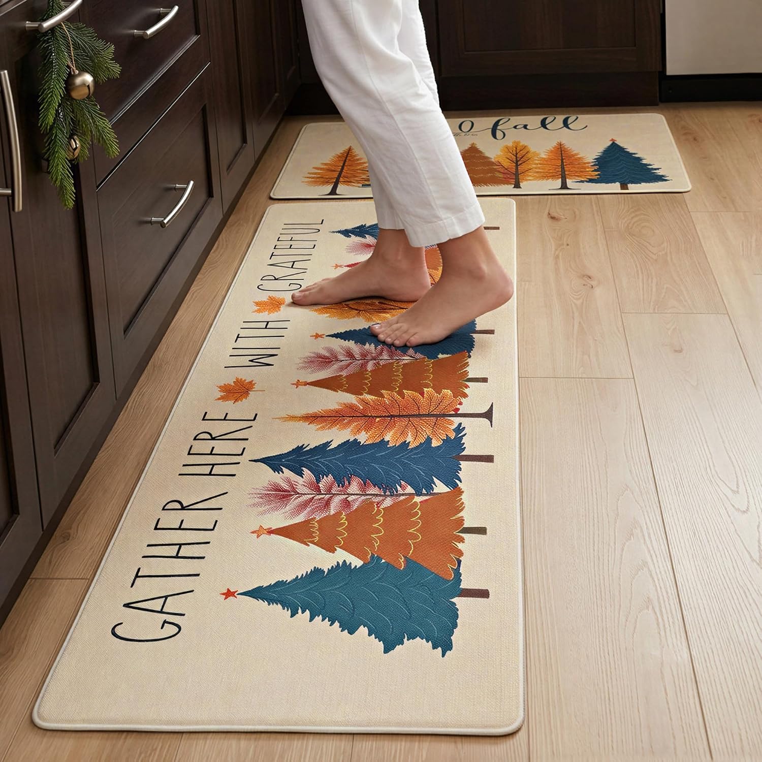 Hello Fall Autumn Kitchen Rug Sets [2 PCs], Rustic Woodland Trees Anti-Fatigue Kitchen Mats, Waterproof Non-Slip Heavy Duty Comfort Foam Rug for Floor, Thanksgiving Decor, 17"x29"+17"x47"