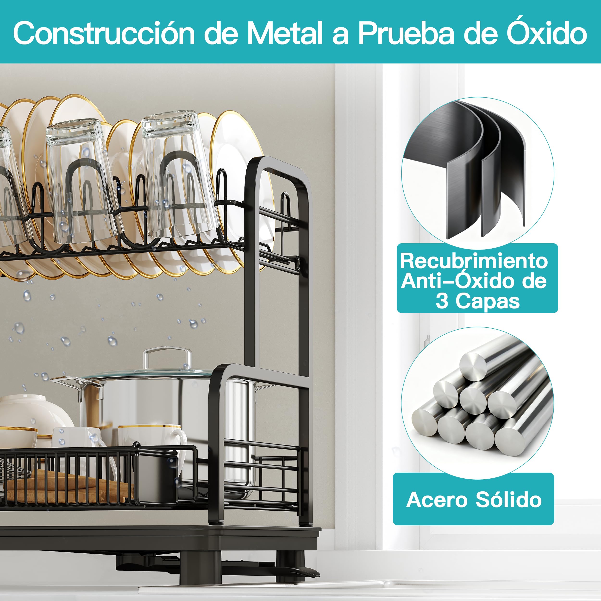 Boosiny Escurreplatos Acero Inoxidable con Drenaje Automático, Escurridor de Platos Grande de 2 Niveles con Portavasos y Porta Utensilios, Escurridor para Fregadero (Negro)