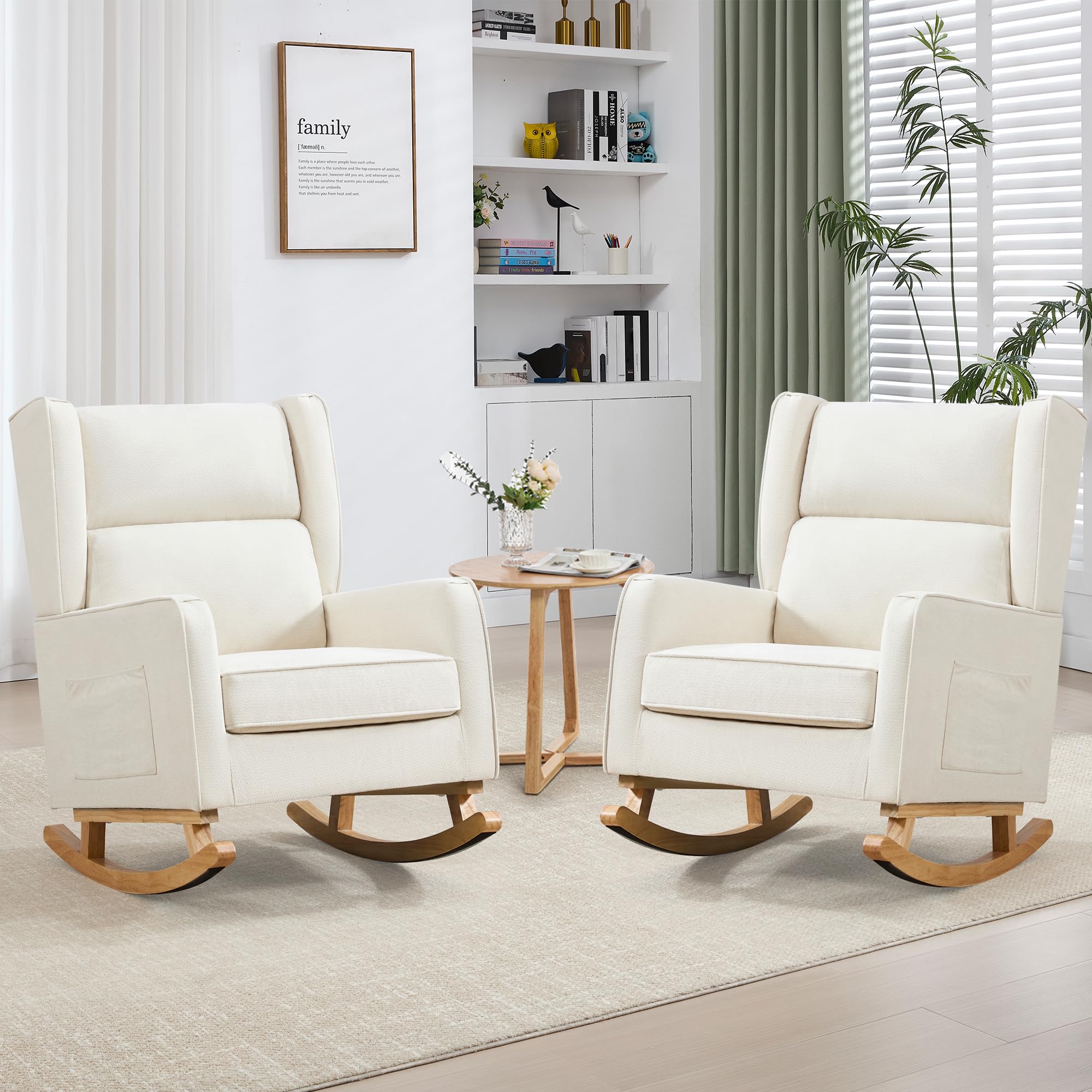 HCHAIRH Nursery Rocking Chairs, Rocking Chair Nursery for Mom Nursery Rocker with High Backrest and Solid Wood Legs, Modern Wingback Accent Chair Set of 2 for Reading Living Room Bedroom, Beige