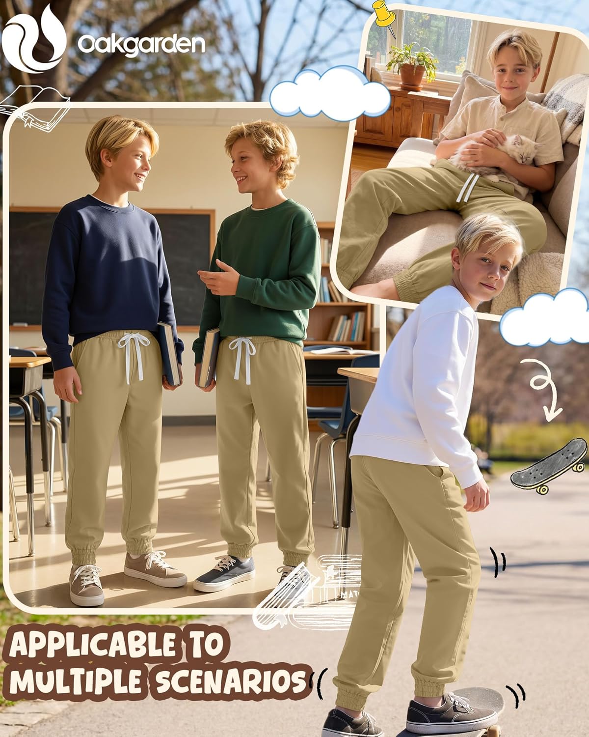 Oakgarden 3 Pack Boy's Uniform Joggers Cotton School Pants with Drawstring and Side Pockets Athletic Pants 6-16 Years