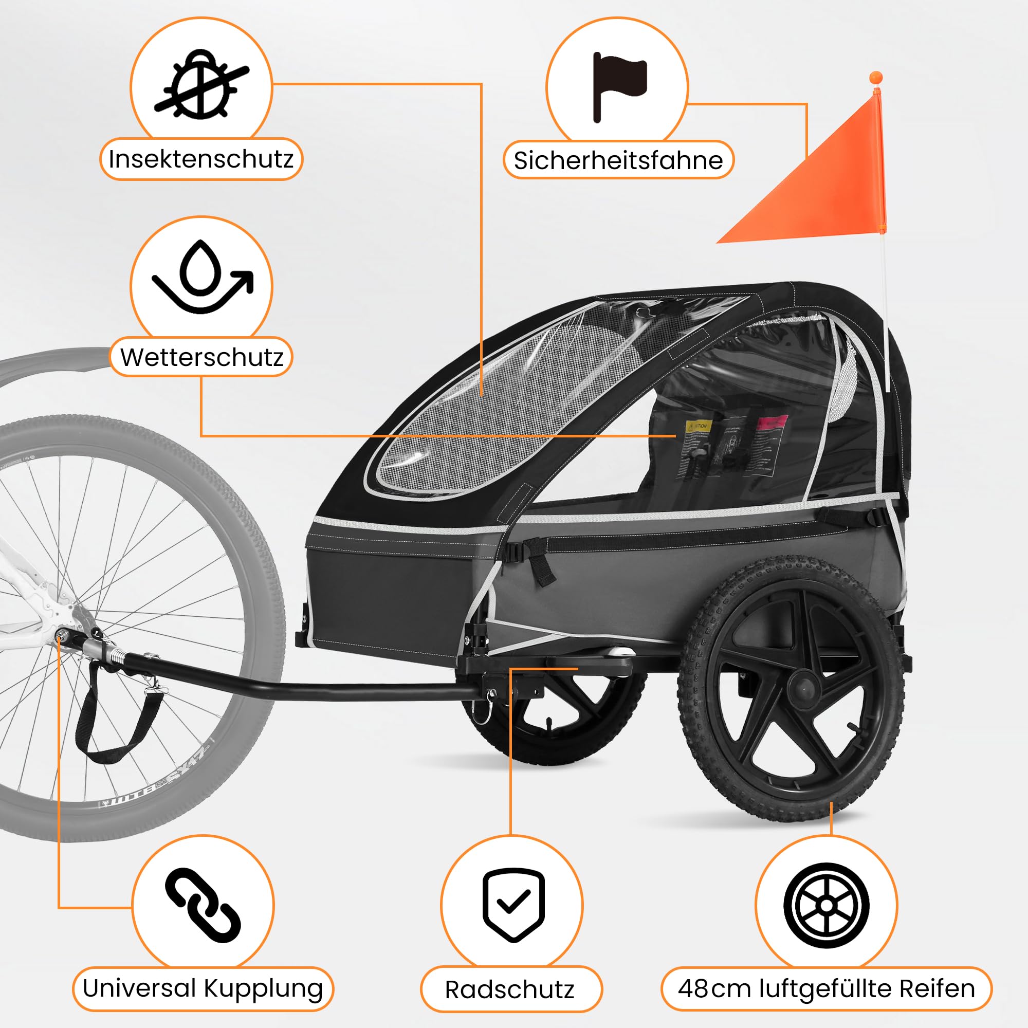 Remorque de vélo pour enfant - Siège ergonomique - Montage facile - Pliable - Avec pneus pneumatiques et sacs de rangement