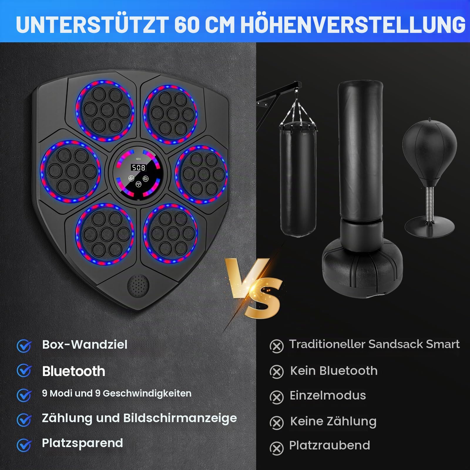 EagerMinds Music Boxing Machine, LED Smart Musik Boxmaschine mit 9 Geschwindigkeiten, 9 Trainingsmodi, Automatische Zählung, Unterstützt Bluetooth, Wandmontiertes Boxziel für Erwachsene Kinder