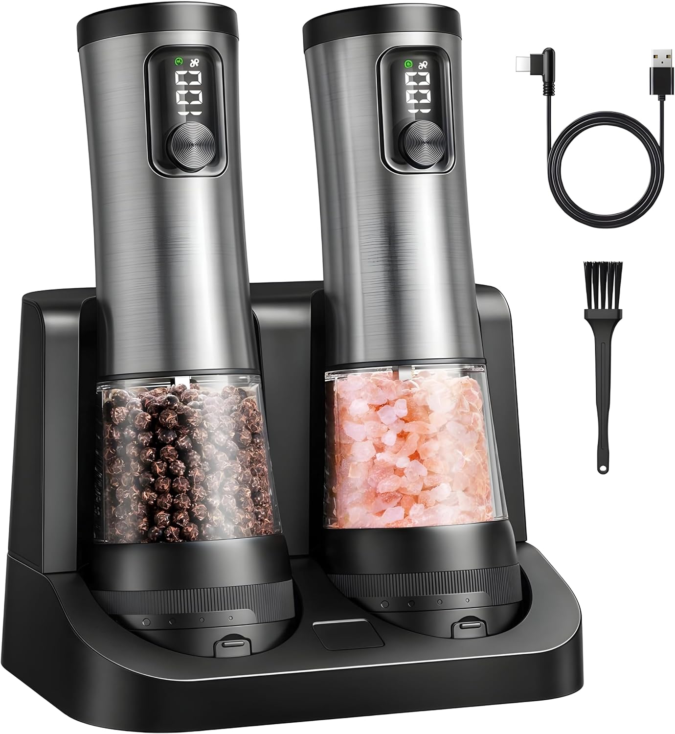 𝐏𝐫𝐞𝐦𝐢𝐮𝐦 Electric Salt and Pepper Grinder Set – Ceramic Grinder Automatic Battery Operated Shakers, 5-Level Adjustable Coarseness, Dual Speed, Type-C Charging, 100mL