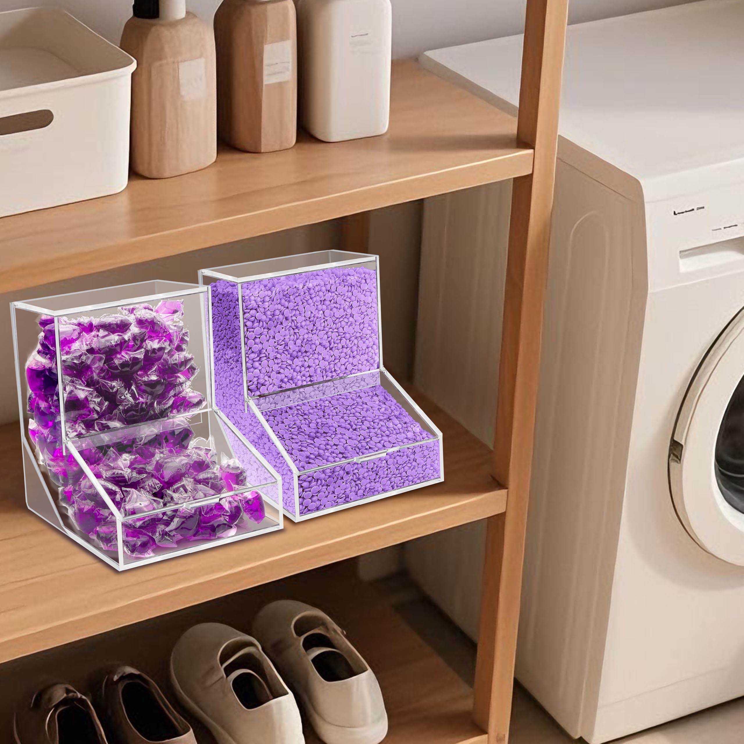 Contenedor de cápsulas de lavandería con cuchara, dispensador de caramelos acrílicos con 2 tapas, soporte para cápsulas de lavavajillas, contenedor de detergente para lavandería, organización de 6