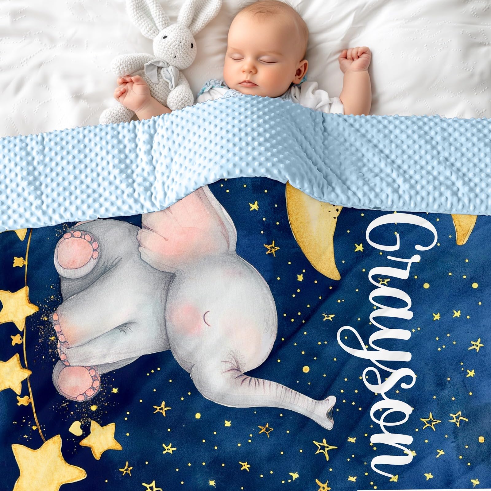 MJARTORIA Personalised Nane Blanket, Customised Baby Blanket with Name Text for Girl Adult Soft Bubble Style Rainbow Elephant Blanket 100cm/150cm/200cm (Deep Blue Elephant)