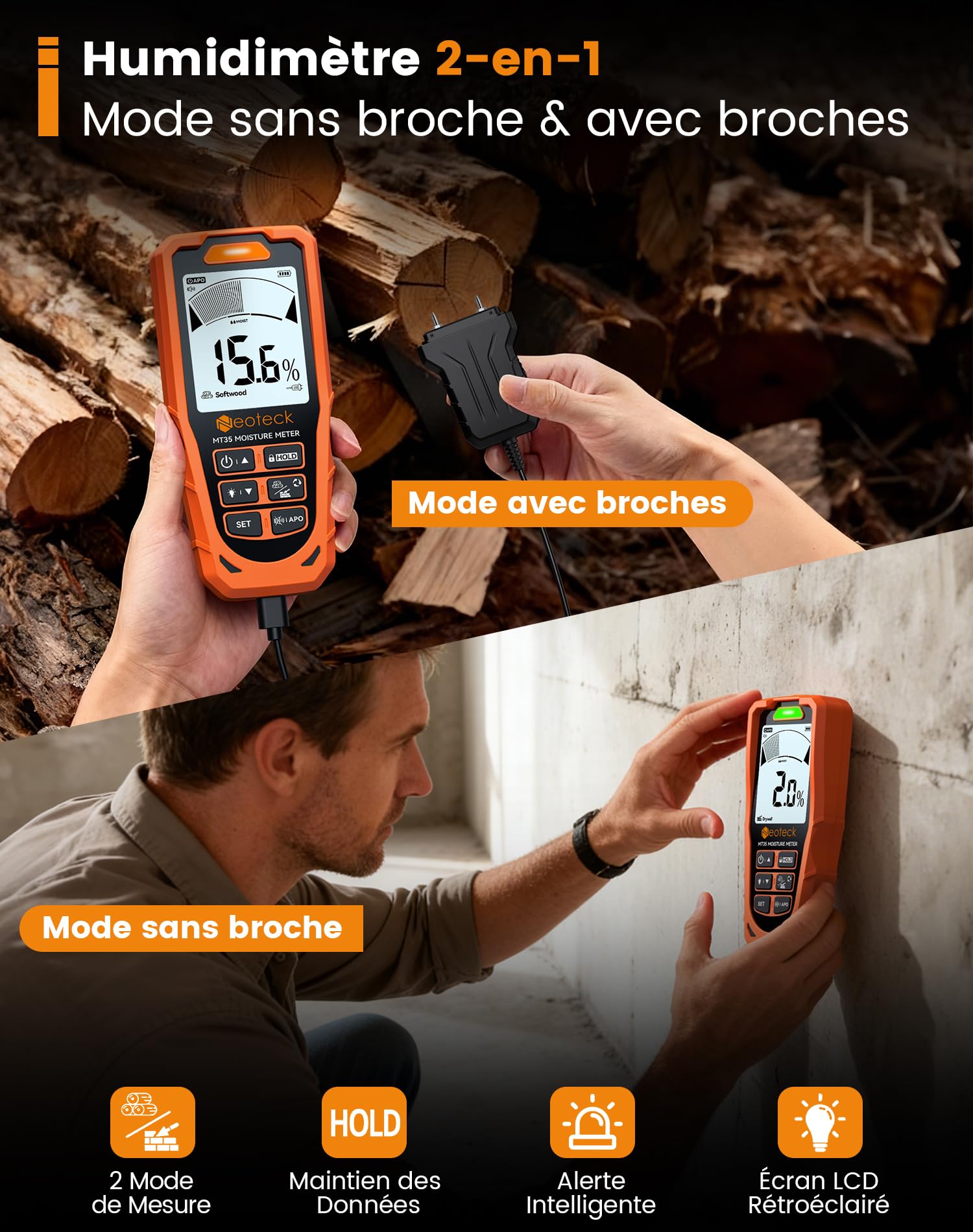 Neoteck Humidimètre 2-en-1 Sans-Pointe & à Sonde – Détecteur d’Humidité Mur & Bois, Écran LCD Couleur, Alerte Sonore/Visuelle, Mesure Placo, Béton, Plâtre, Screed pour Diagnostic Maison