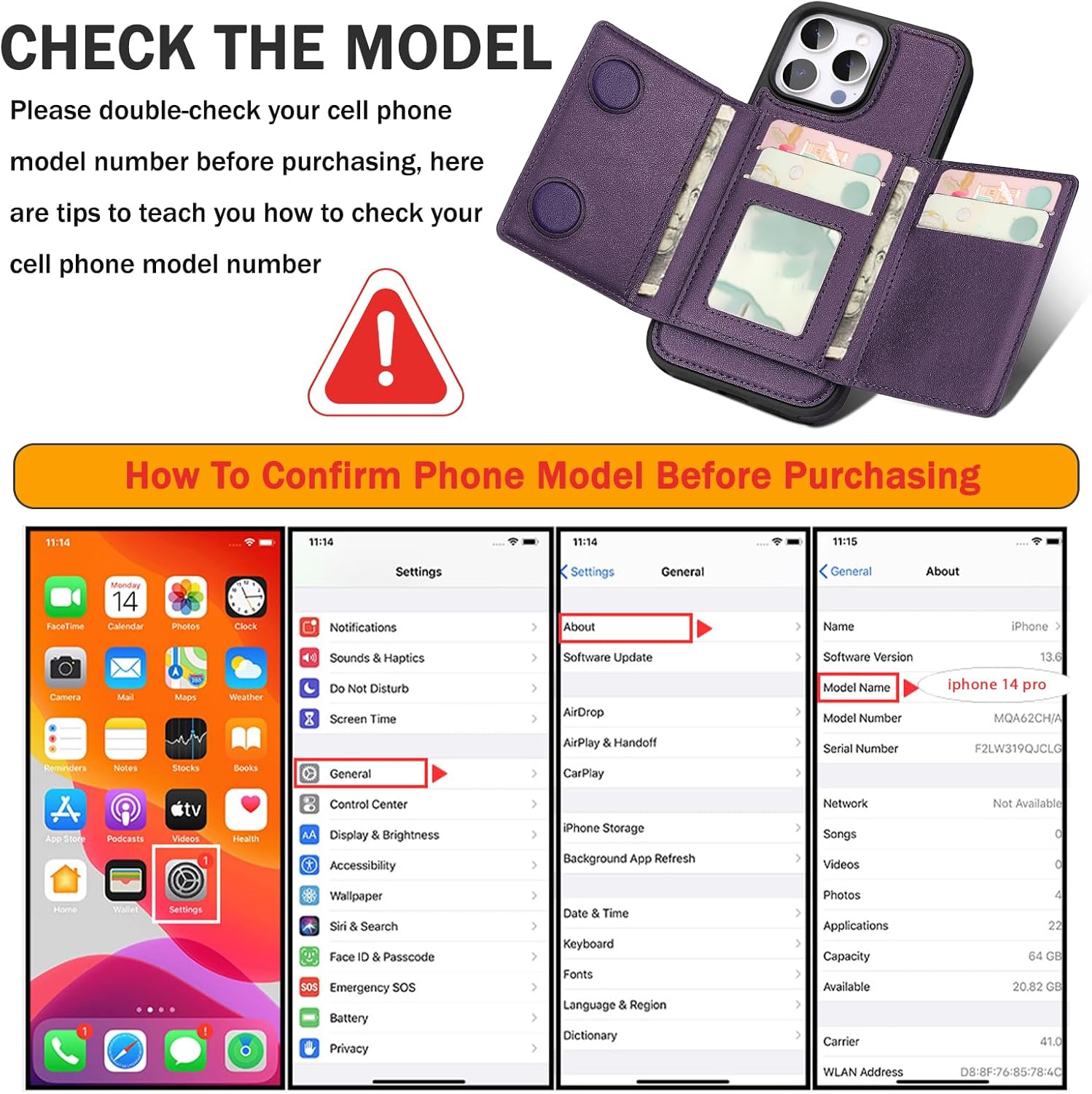 for iPhone 14 pro Wallet Case, 2-in-1 Detachable Phone Case, Card Holder RFID Blocking, Fashionable Faux Leather Card Slot & Folding Design (Purple 6.1'')