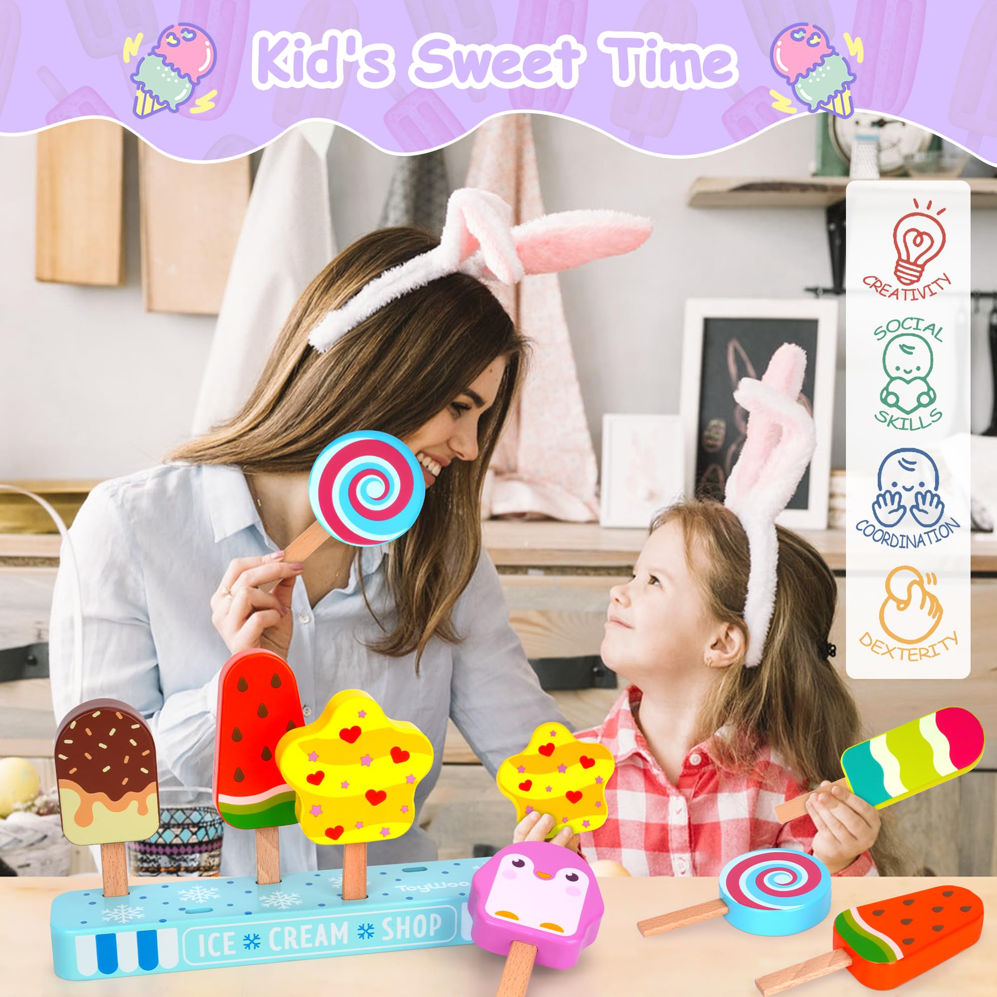 Gelateria giocattoli in legno per bambini da 3 anni ragazzi ragazze, bambini, accessori cucina per bambini, accessori cucina gioco in legno, gelateria spesa in legno per bambini, giocattoli Montessori